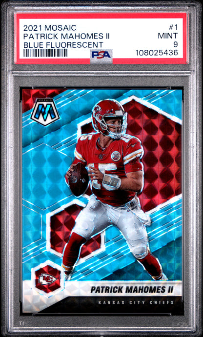 Patrick Mahomes 2021 Panini Mosaic #1 Blue Fluorescent #11/15 PSA 9 Mint