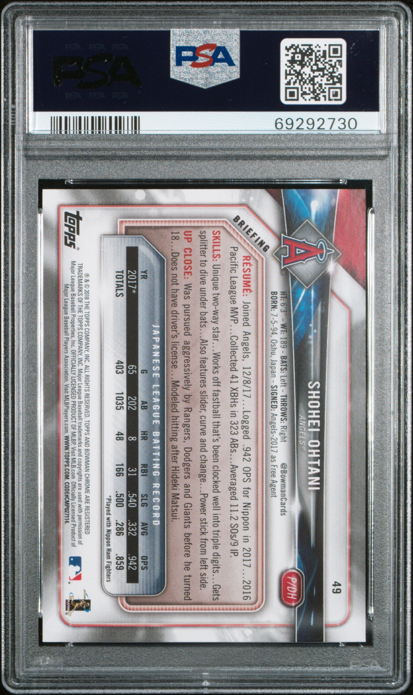 Shohei Ohtani 2018 Bowman Rookie #49 PSA 10 Gem Mint 2730