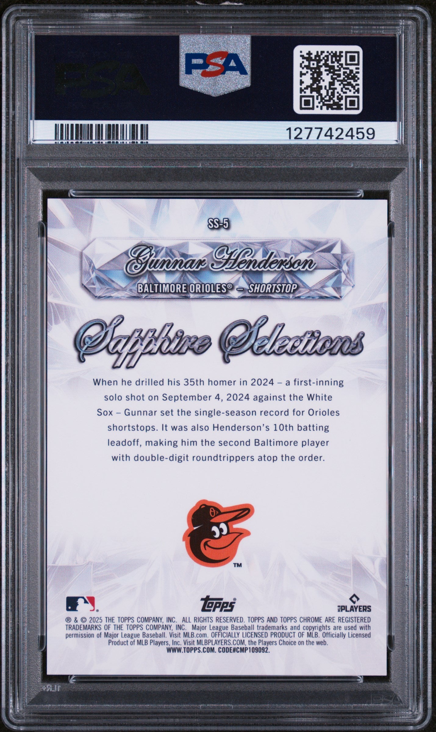 Gunnar Henderson 2025 Topps Sapphire Selections Red #5/5 PSA 9 Mint