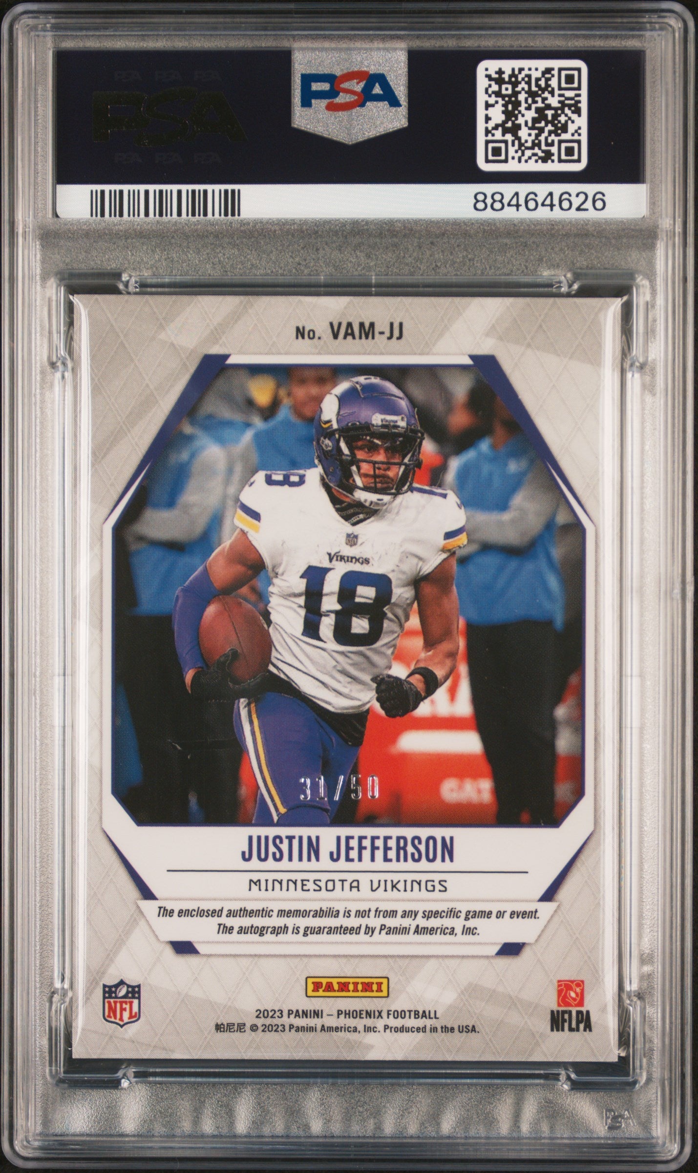Justin Jefferson 2023 Panini Phoenix Veteran Jersey Auto #31/50 PSA 10 Gem Mint