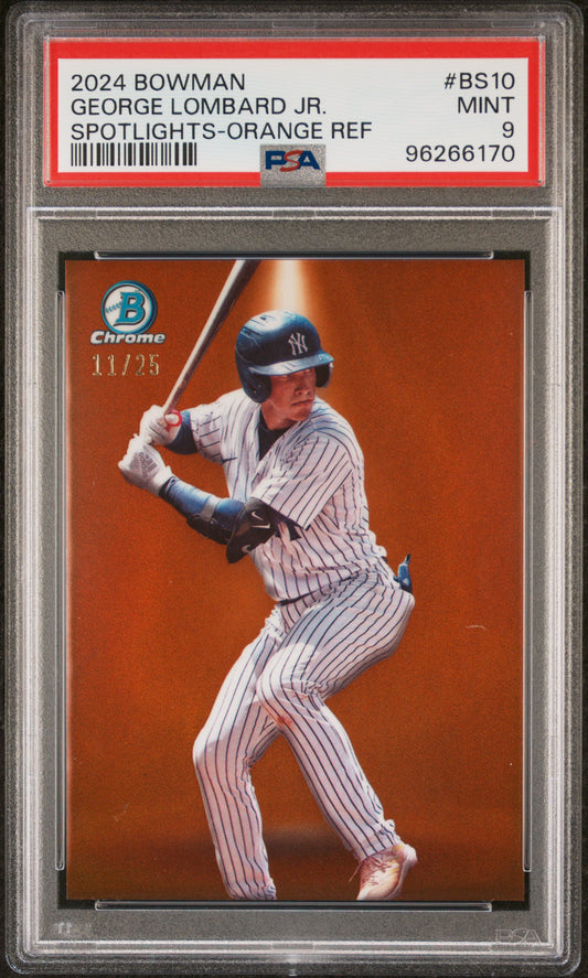 George Lombard Jr. 2024 Bowman Spotlights Orange Refractor #11/25 PSA 9 Mint