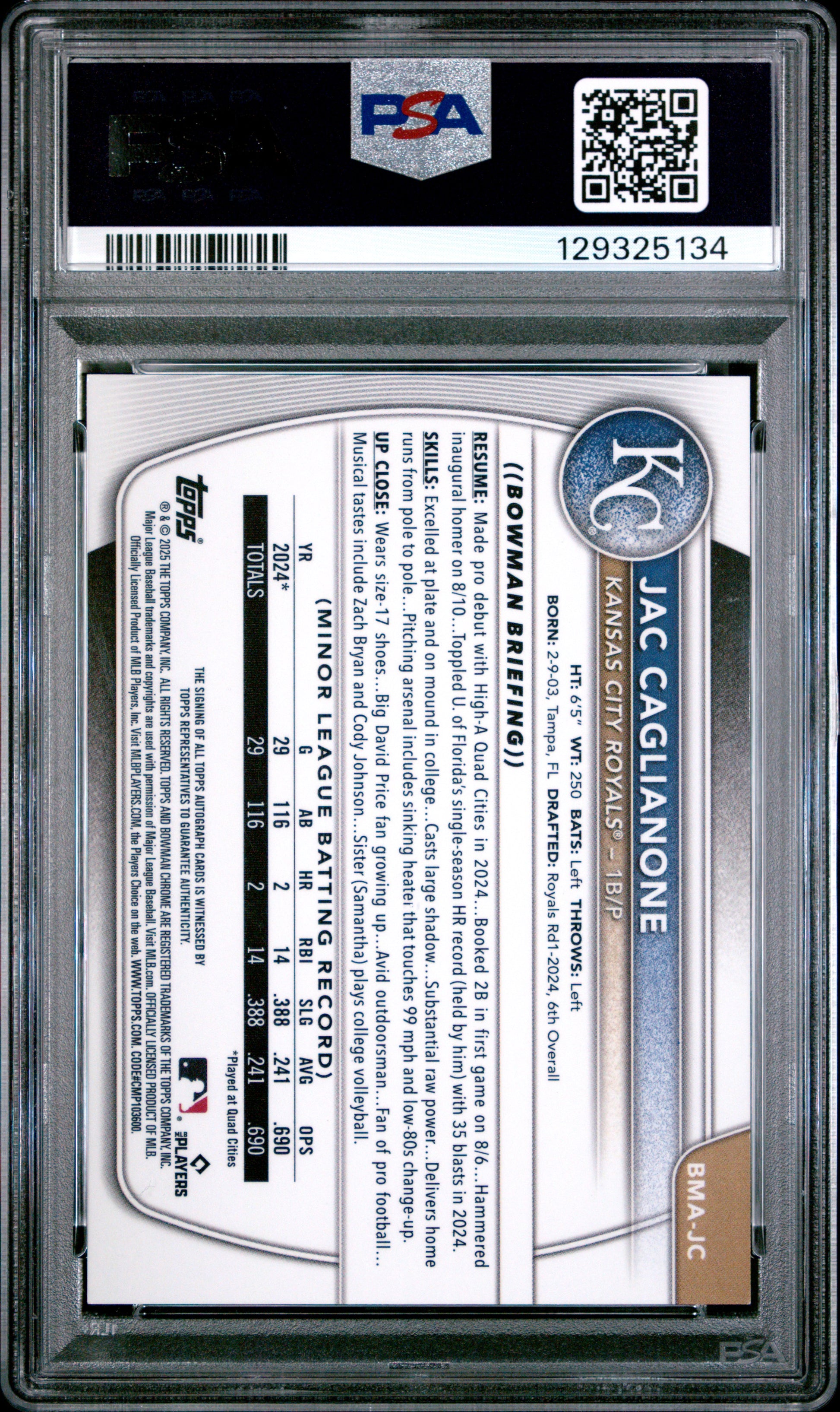 Jac Caglianone 2025 Bowman Mega Box Purple Refractor Auto #79/199 PSA 10 Gem Mint