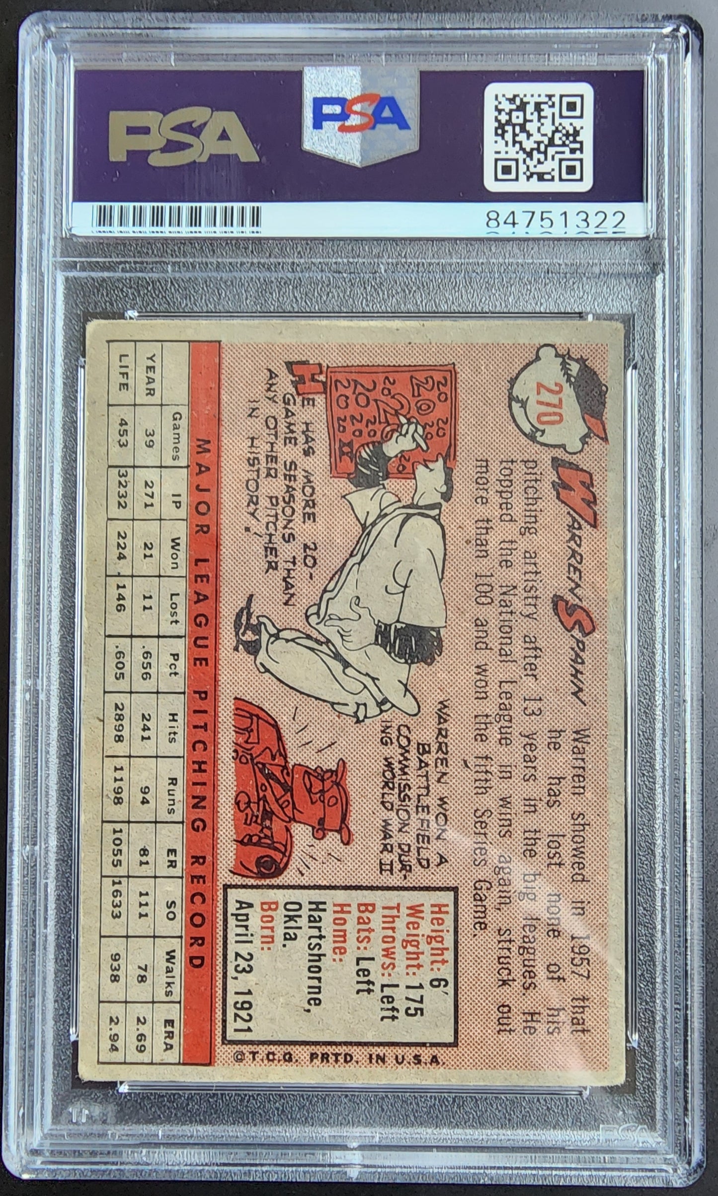 Warren Spahn 1958 Topps #270 PSA/DNA Auto PSA Auth