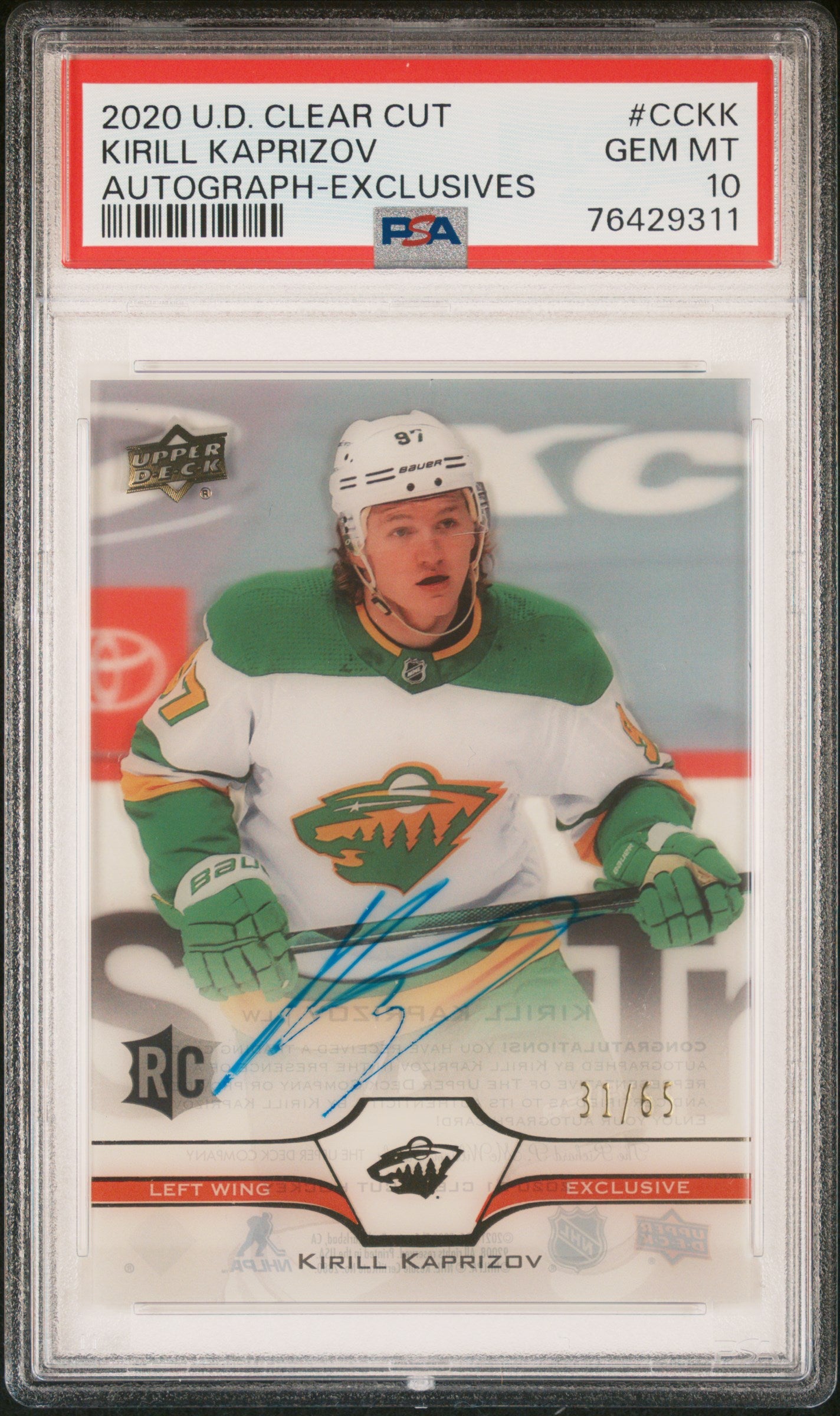 Kirill Kaprizov 2020 Upper Deck Clear Cut Exclusives Auto #61/65 PSA 10 Gem Mint