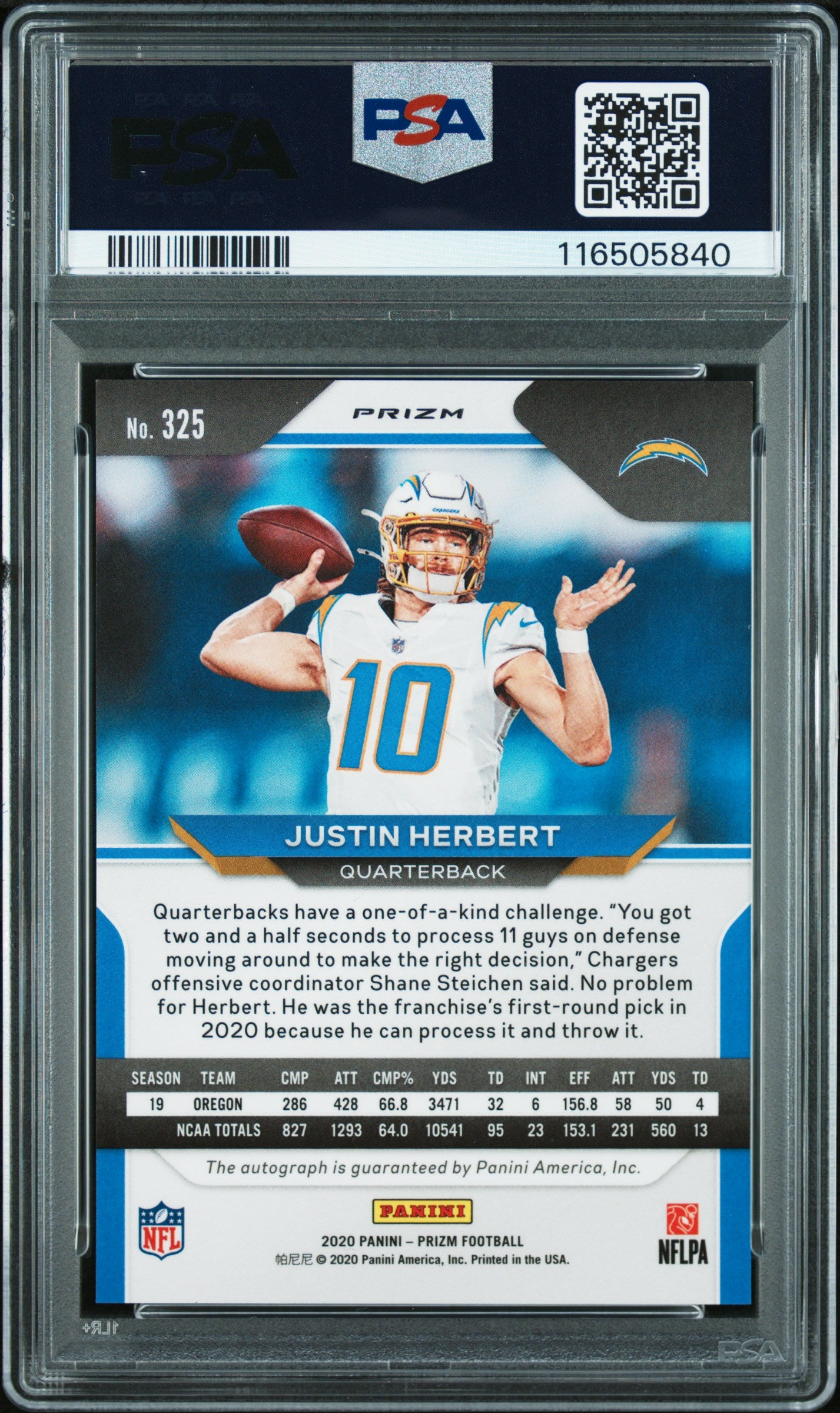 Justin Herbert 2020 Panini Prizm Rookie Auto No Huddle PSA 8 Auto 9