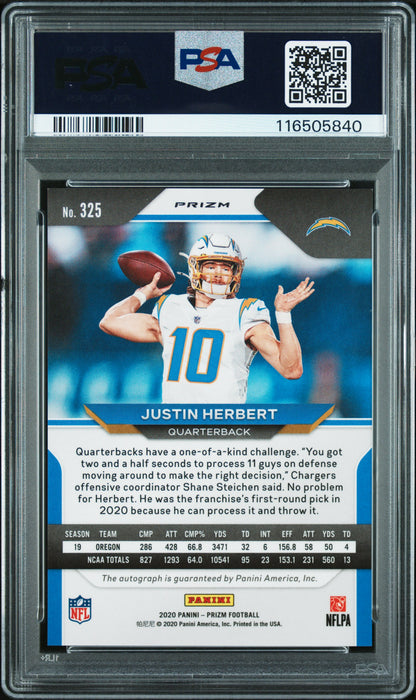 Justin Herbert 2020 Panini Prizm Rookie Auto No Huddle PSA 8 Auto 9