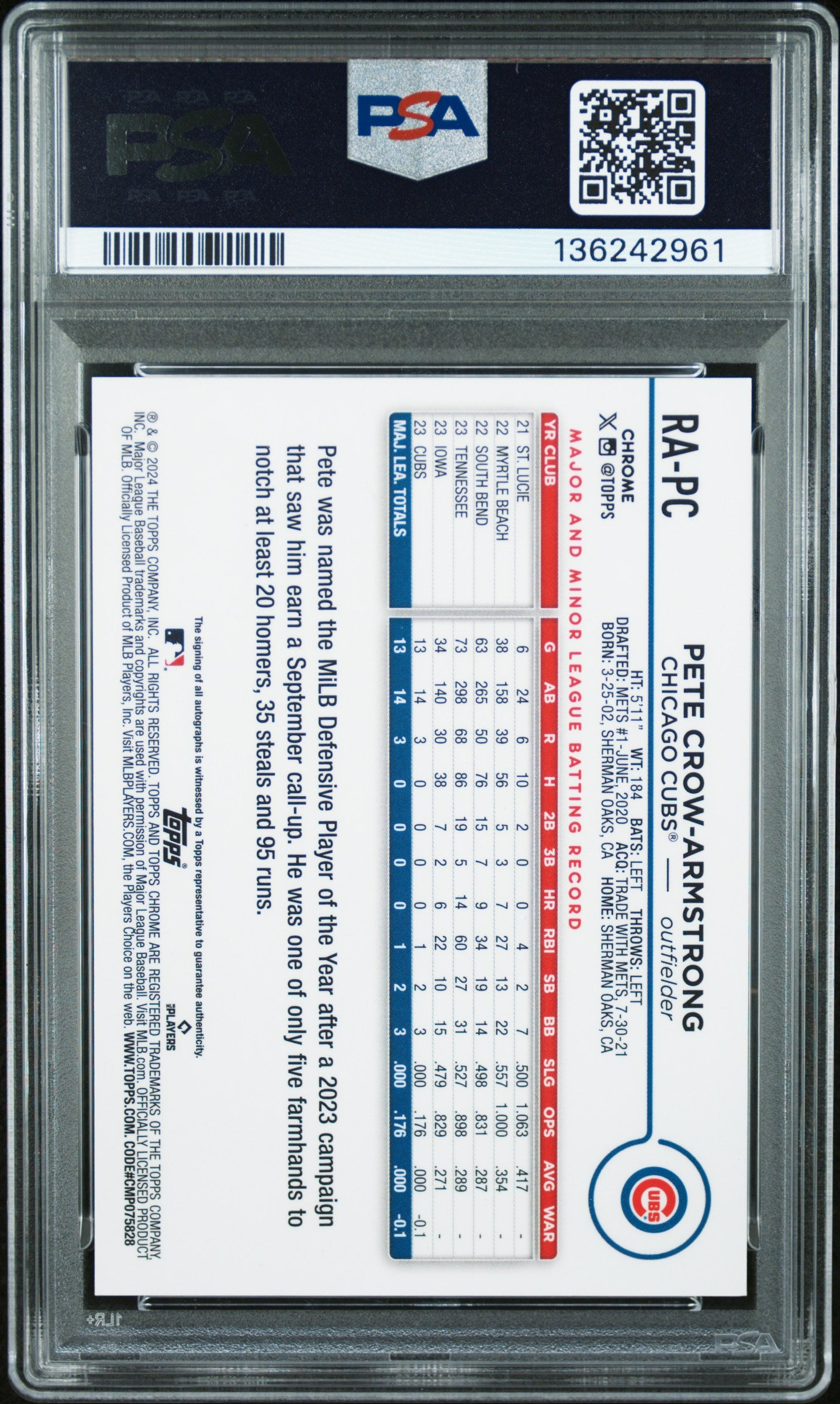 Pete Crow-Armstrong 2024 Topps Chrome Rookie Autograph PSA 8 Nm-Mint