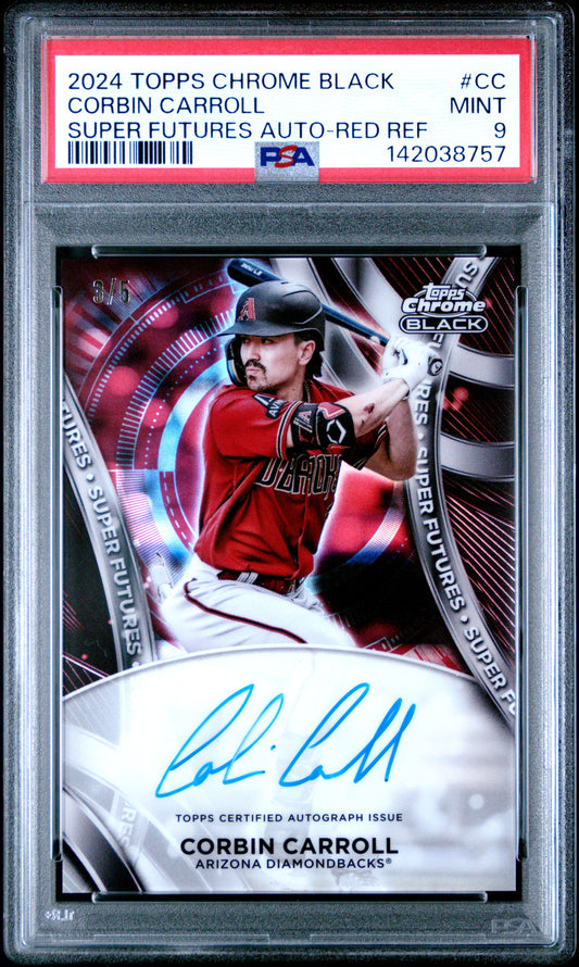 Corbin Carroll 2024 Topps Chrome Black Super Futures Red Refractor Auto #3/5 PSA 9 Mint