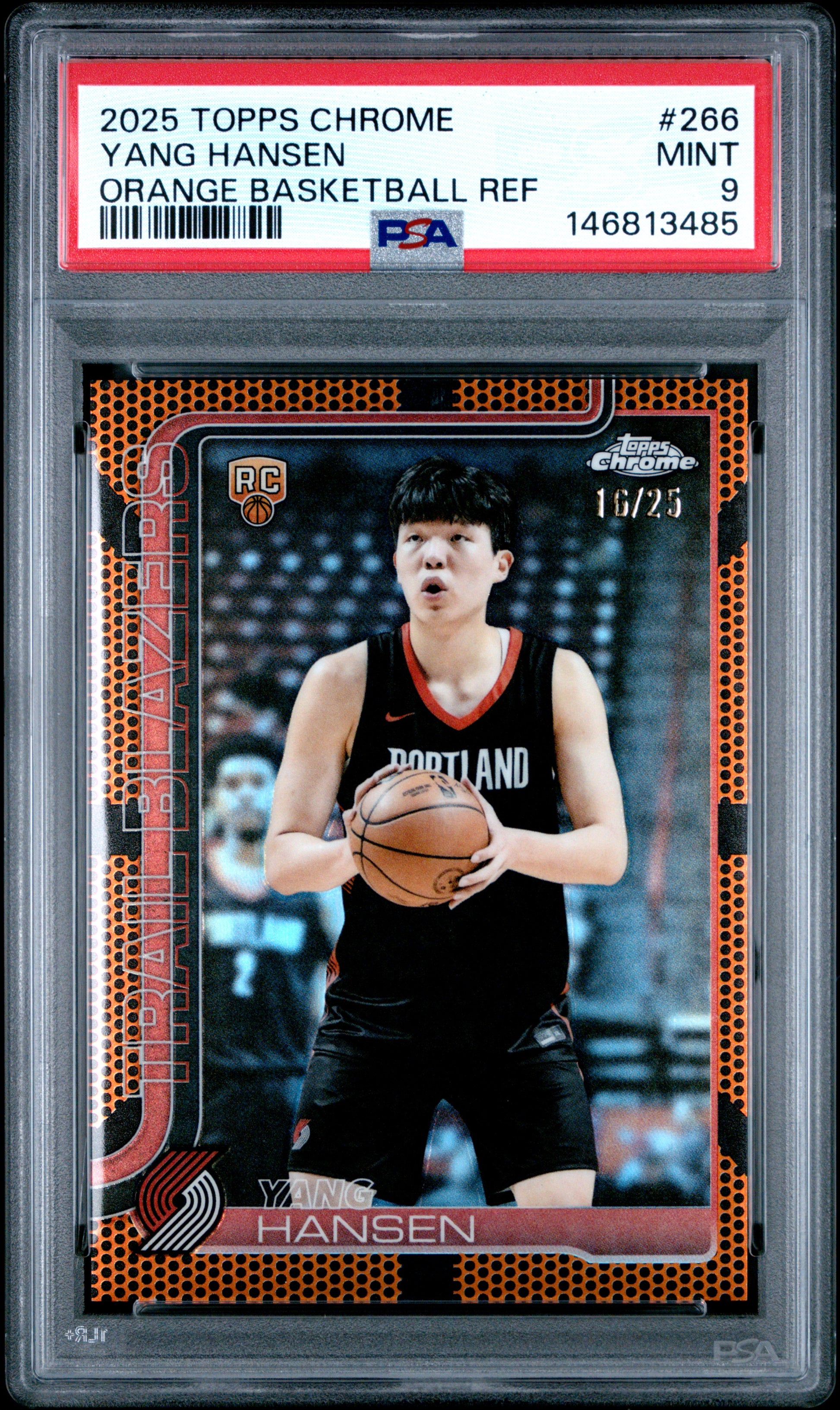 Yang Hansen 2025 Topps Chrome #266 Orange Basketball Refractor #16/25 PSA 9 Mint