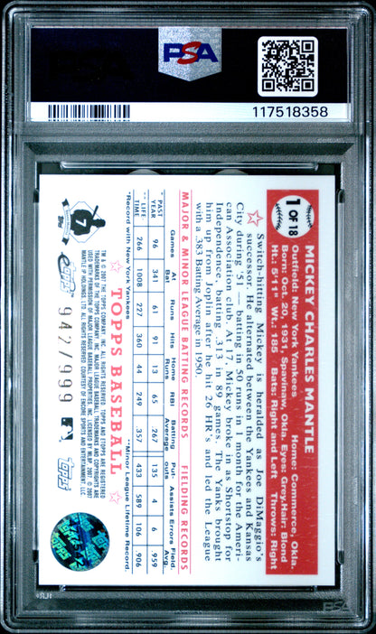 Mickey Mantle 2007 eTopps 1952 Topps Reprint #942/999 PSA 9 Mint