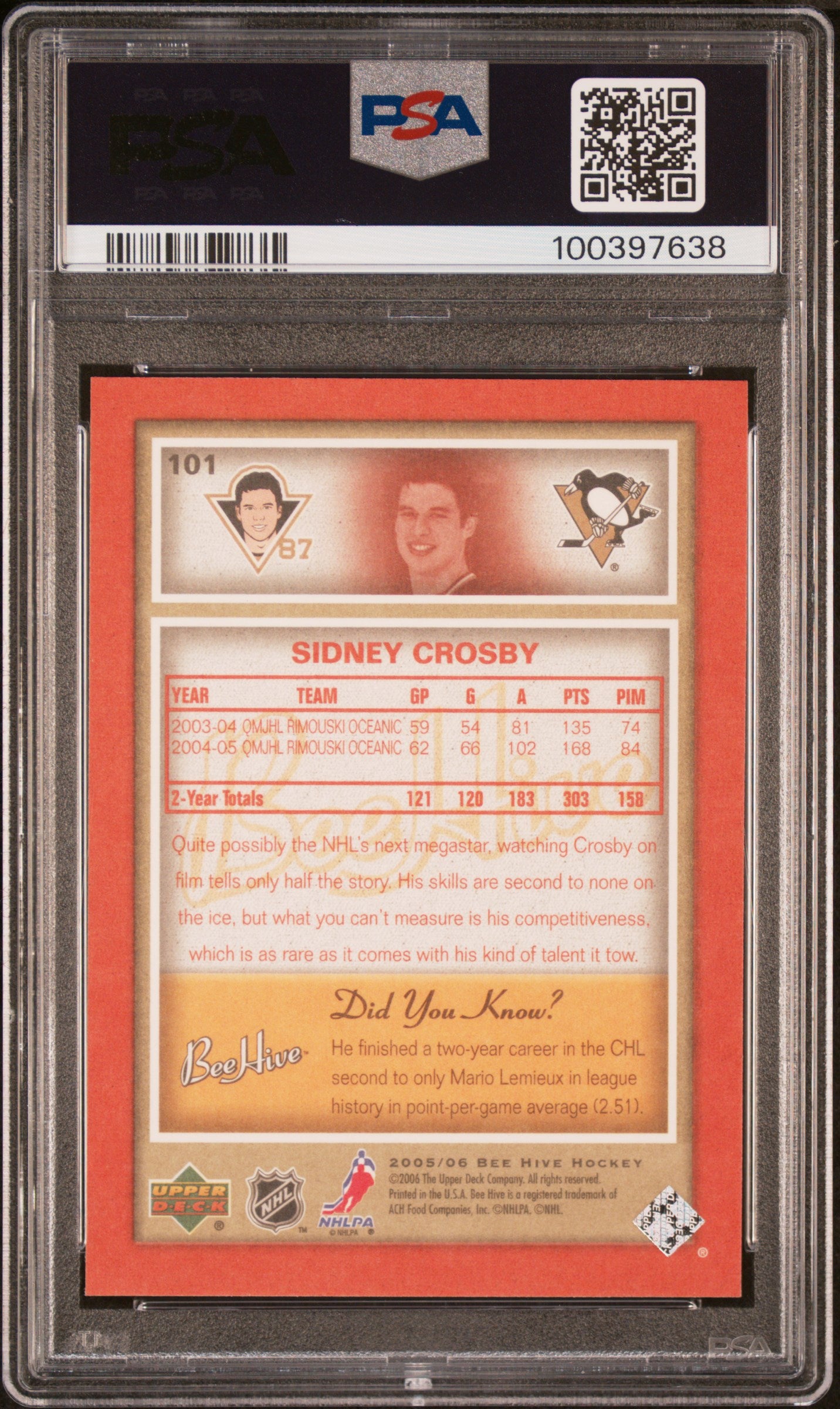 Sidney Crosby 2005 Upper Deck Beehive Red Rookie #101 PSA 10 Gem Mint