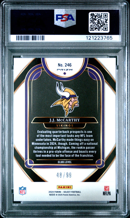 JJ McCarthy 2024 Panini Select Rookie #246 Blue Prizm #48/99 PSA 10 Gem Mint