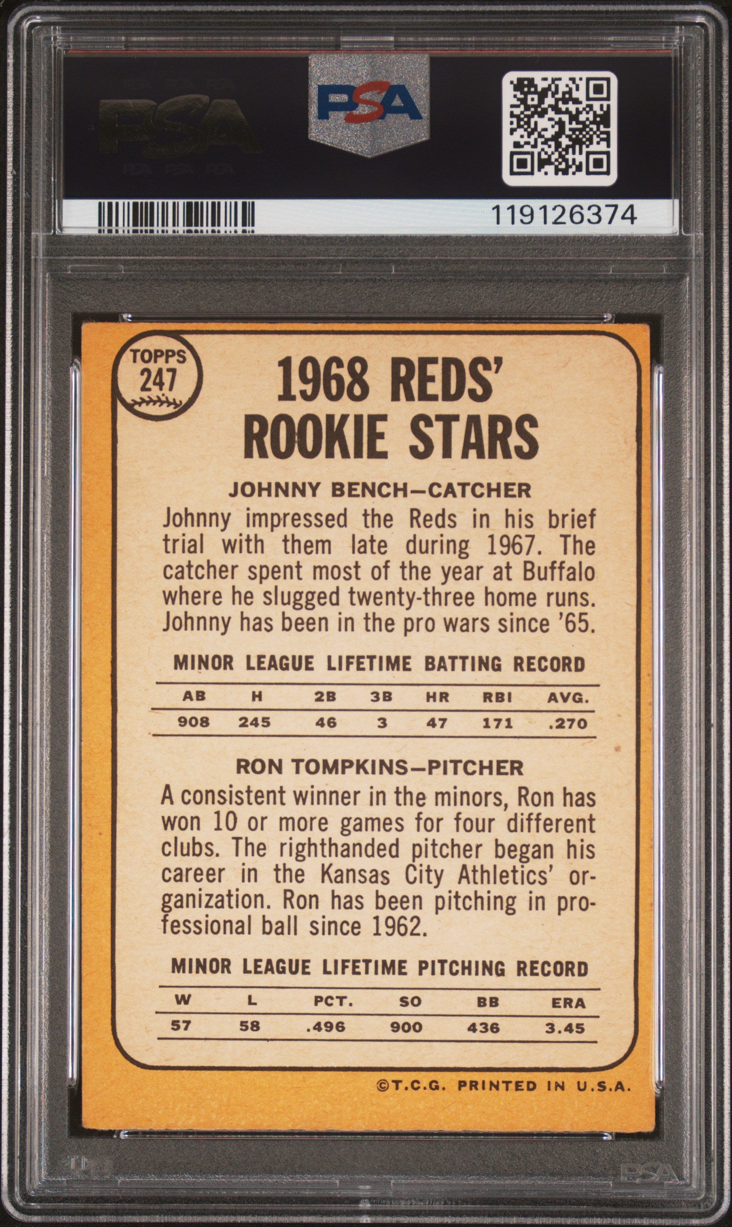 Johnny Bench 1968 Topps Rookie #247 PSA 5 EX