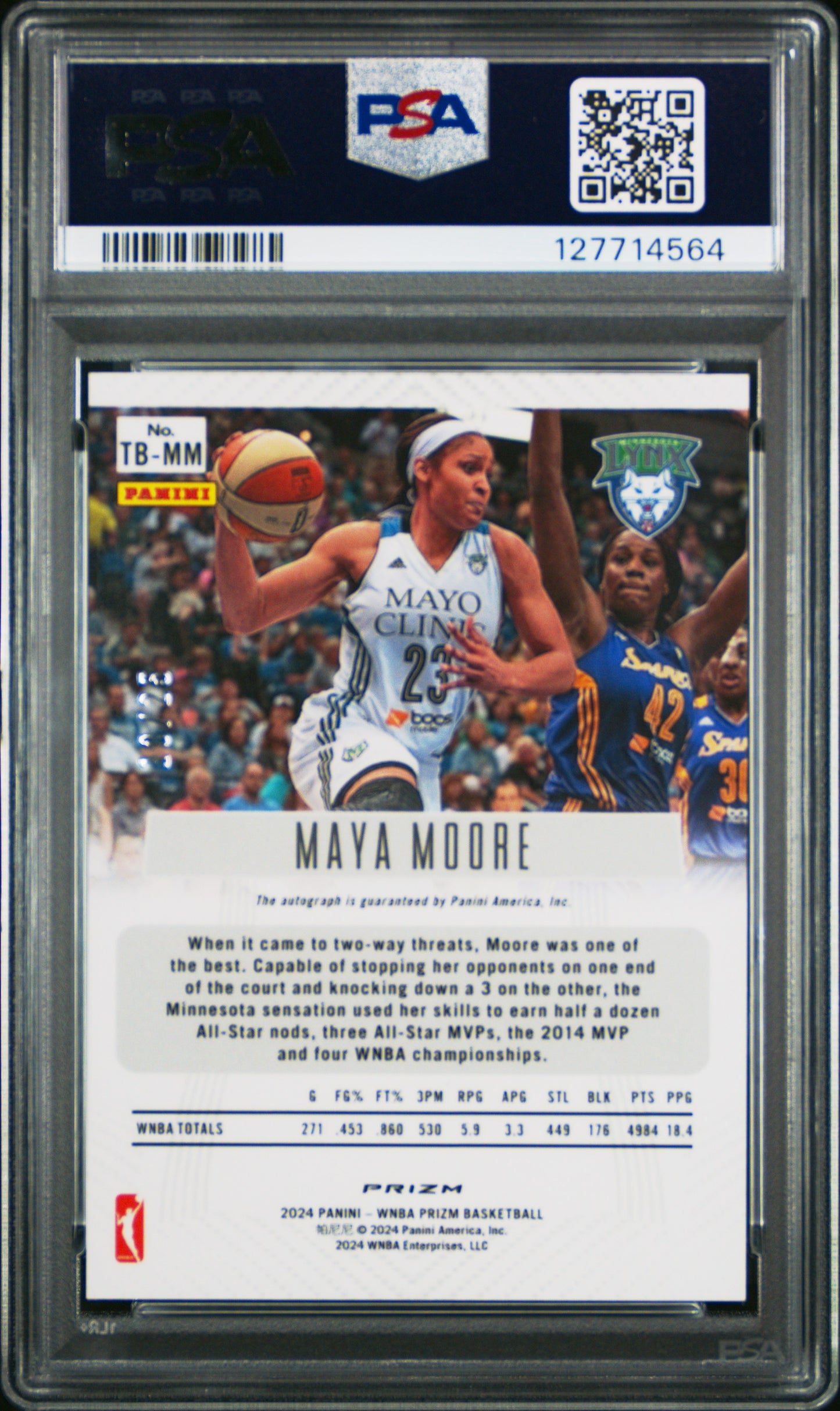 Maya Moore 2024 Panini Prizm WNBA Throwback Auto Mojo Prizm #10/25 PSA 10 Gem Mint