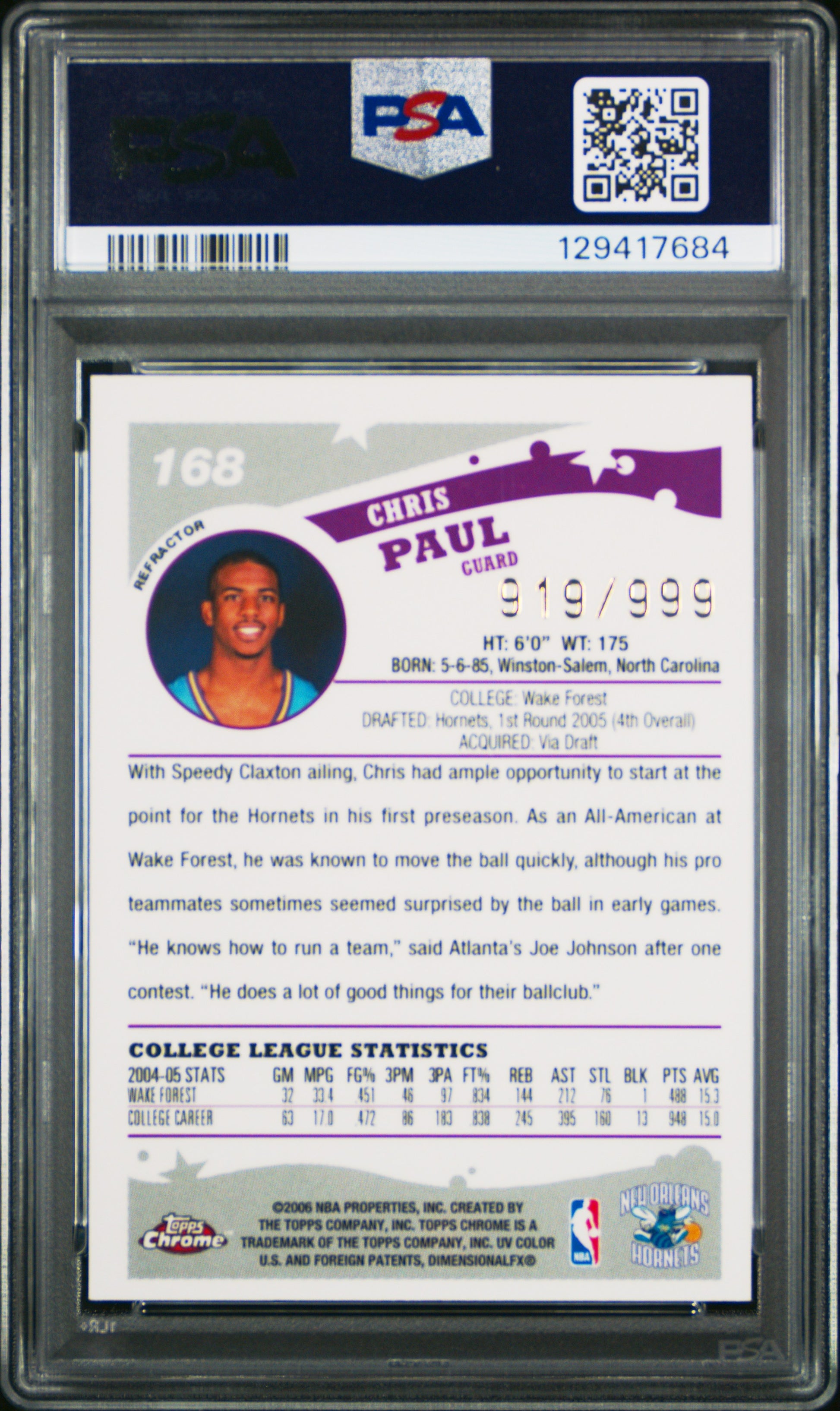 Chris Paul 2005 Topps Chrome Rookie #168 Refractor PSA 9 Mint
