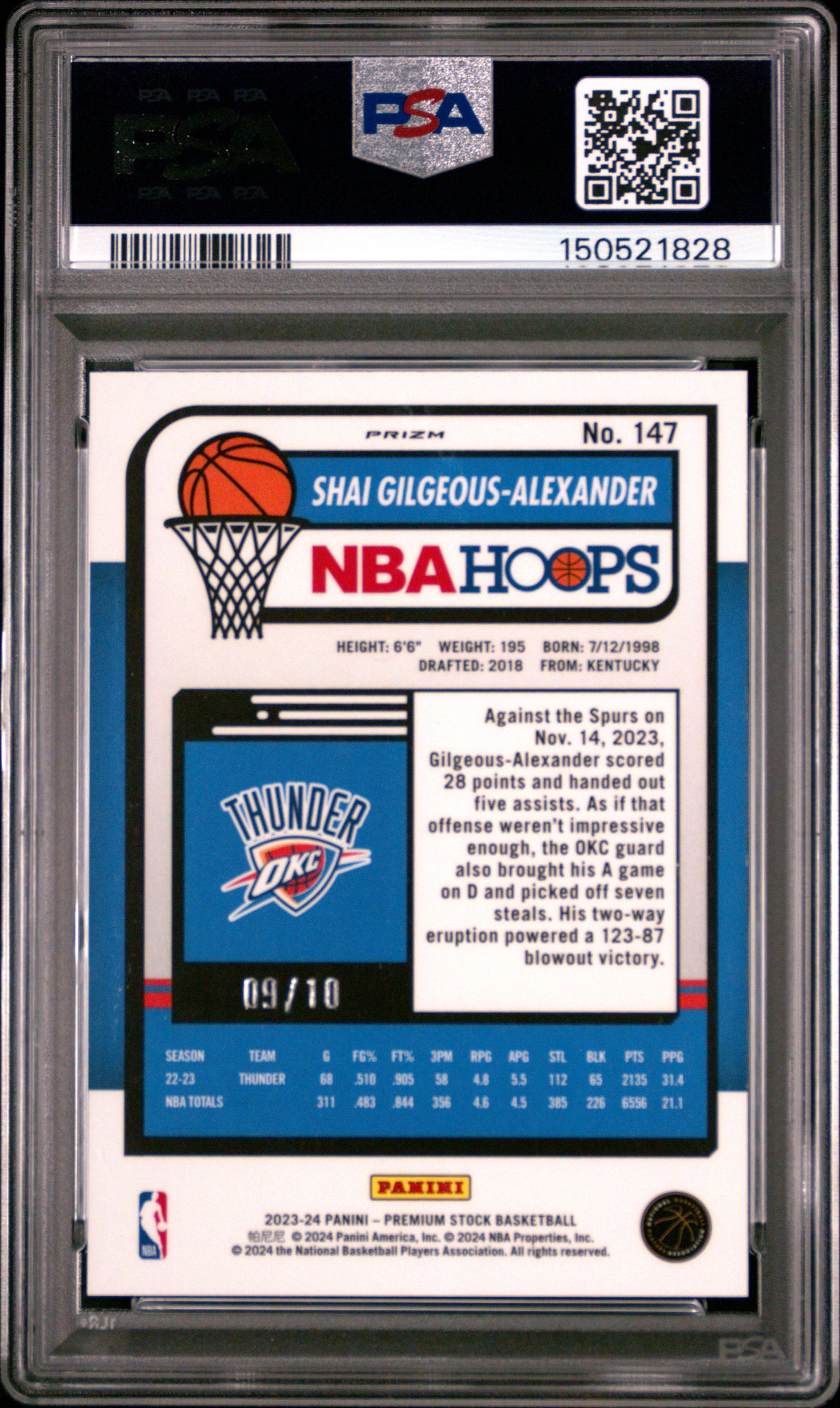 Shai Gilgeous-Alexander 2023 Hoops Premium Stock Gold Ice Prizm #9/10 PSA 10 Gem Mint