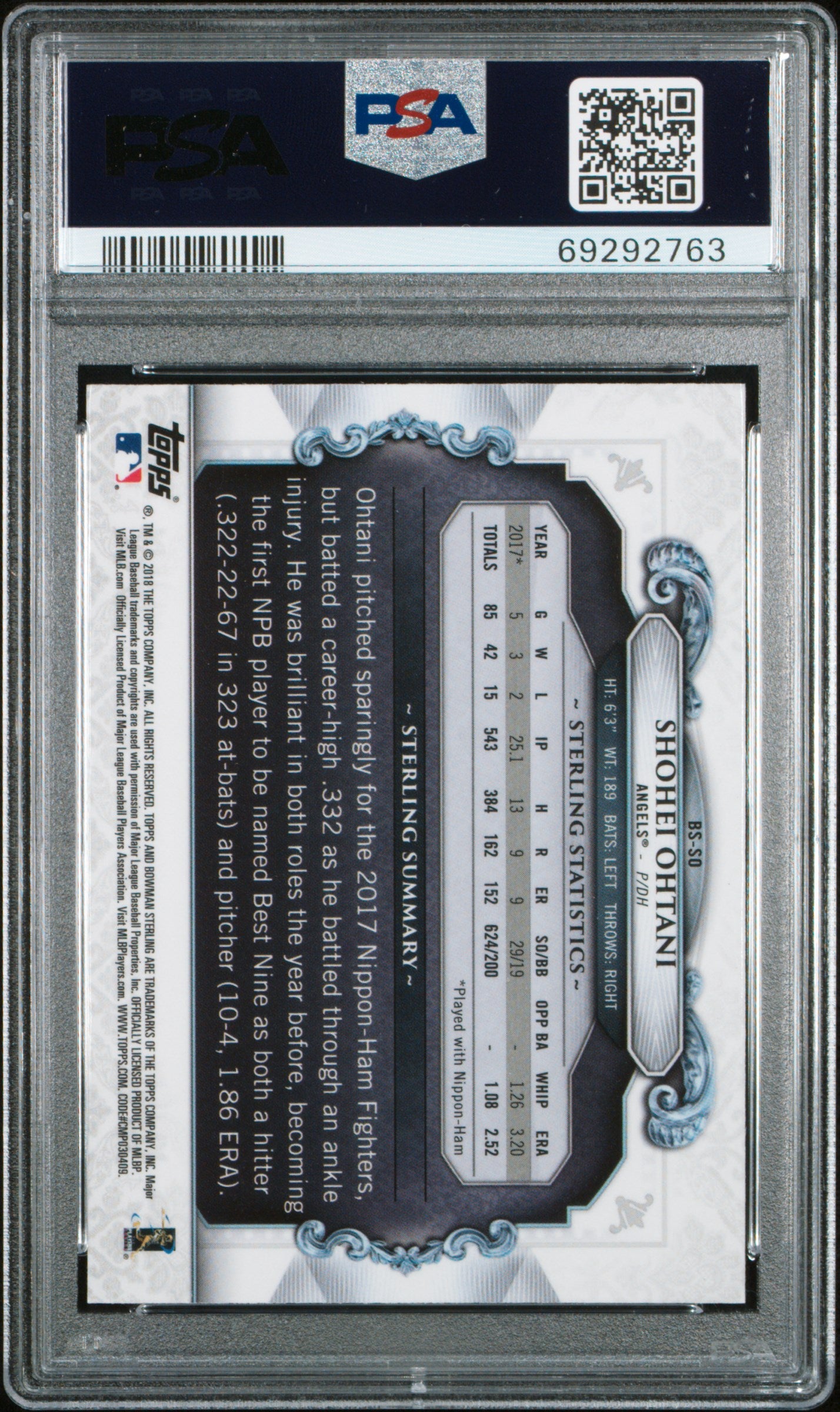 Shohei Ohtani 2018 Bowman Chrome Sterling Continuity PSA 10 Gem Mint 2763