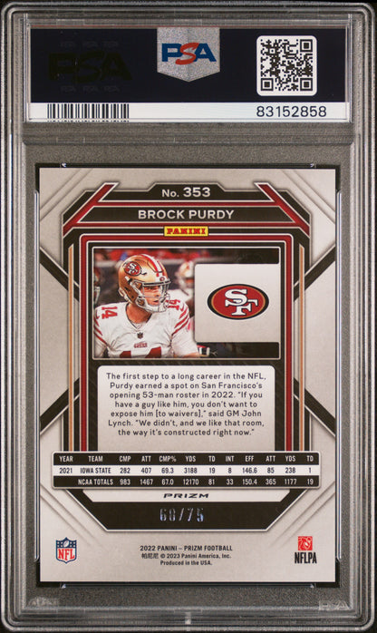 Brock Purdy 2022 Panini Prizm Rookie #353 Green Scope #68/75 PSA 10 Gem Mint