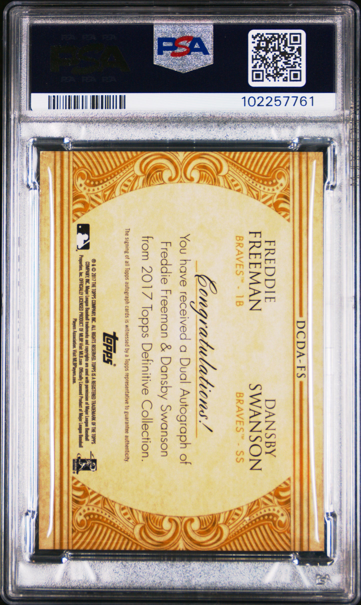 Freddie Freeman + Dansby Swanson 2017 Topps Definitive Dual Auto #9/10 PSA 8 Nm-Mint