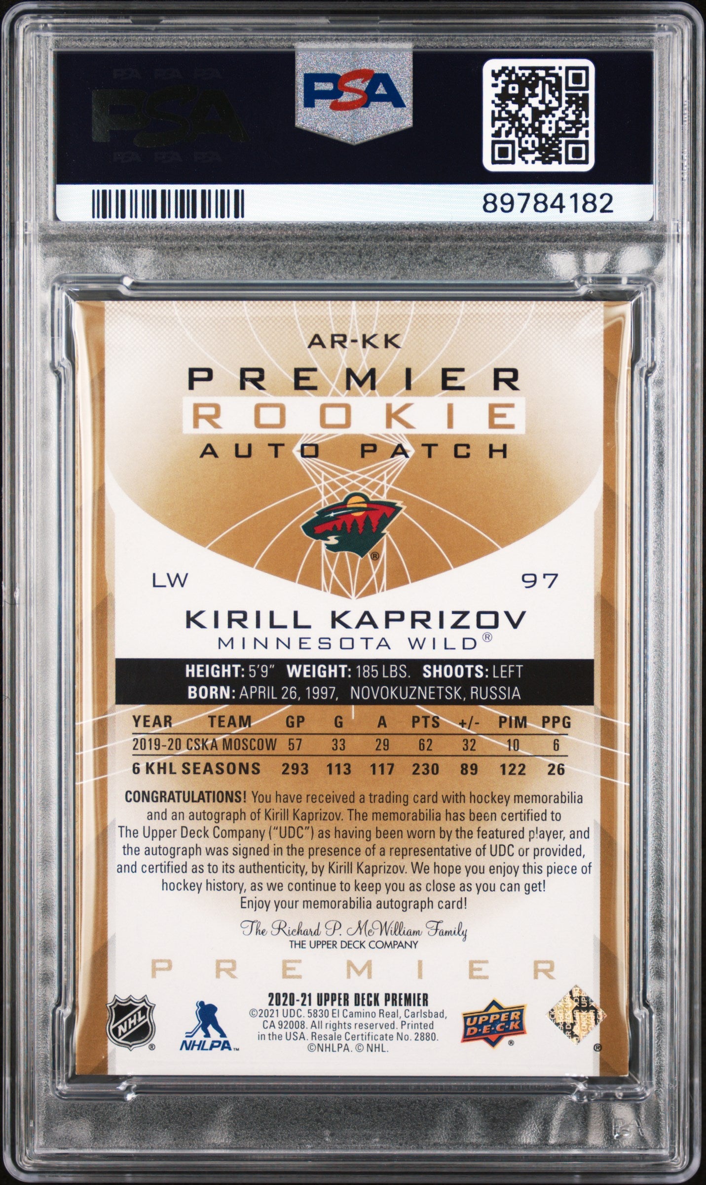 Kirill Kaprizov 2020 Upper Deck Premier Acetate Rookie PAtch Auto Gold #29/35 PSA Auth