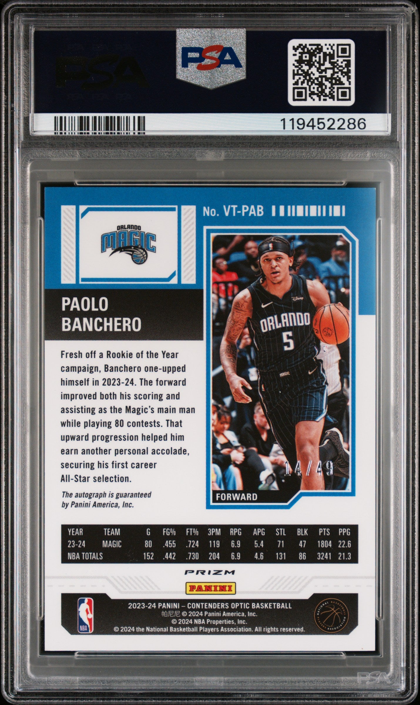 Paolo Banchero 2023 Panini Contenders Optic Veteran Ticket Red Auto #14/49 PSA 9 Mint