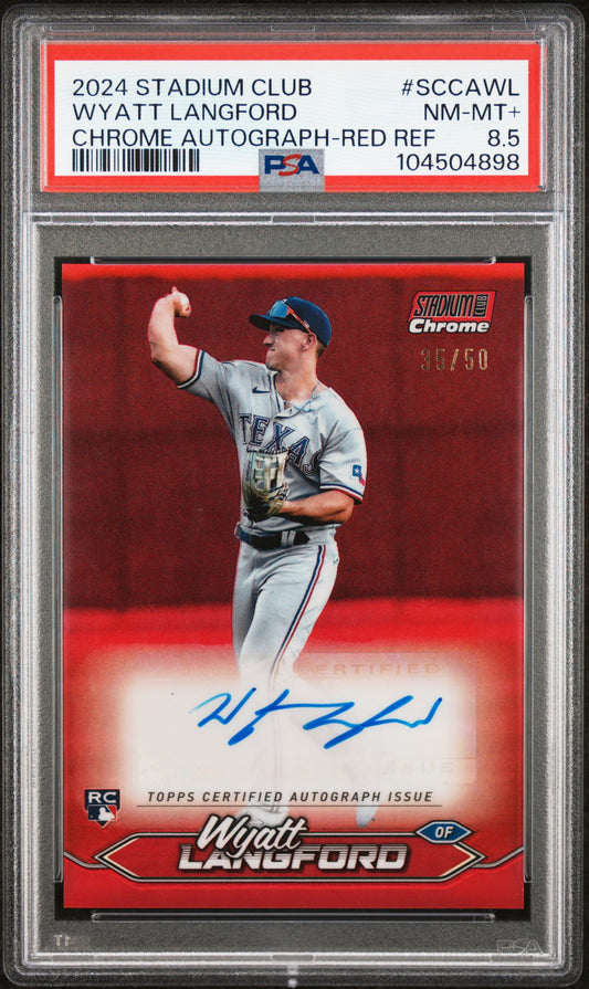 Wyatt Langford 2024 Topps Stadium Club Chrome Red Refractor Auto #35/50 PSA 8.5 Nm-Mint+