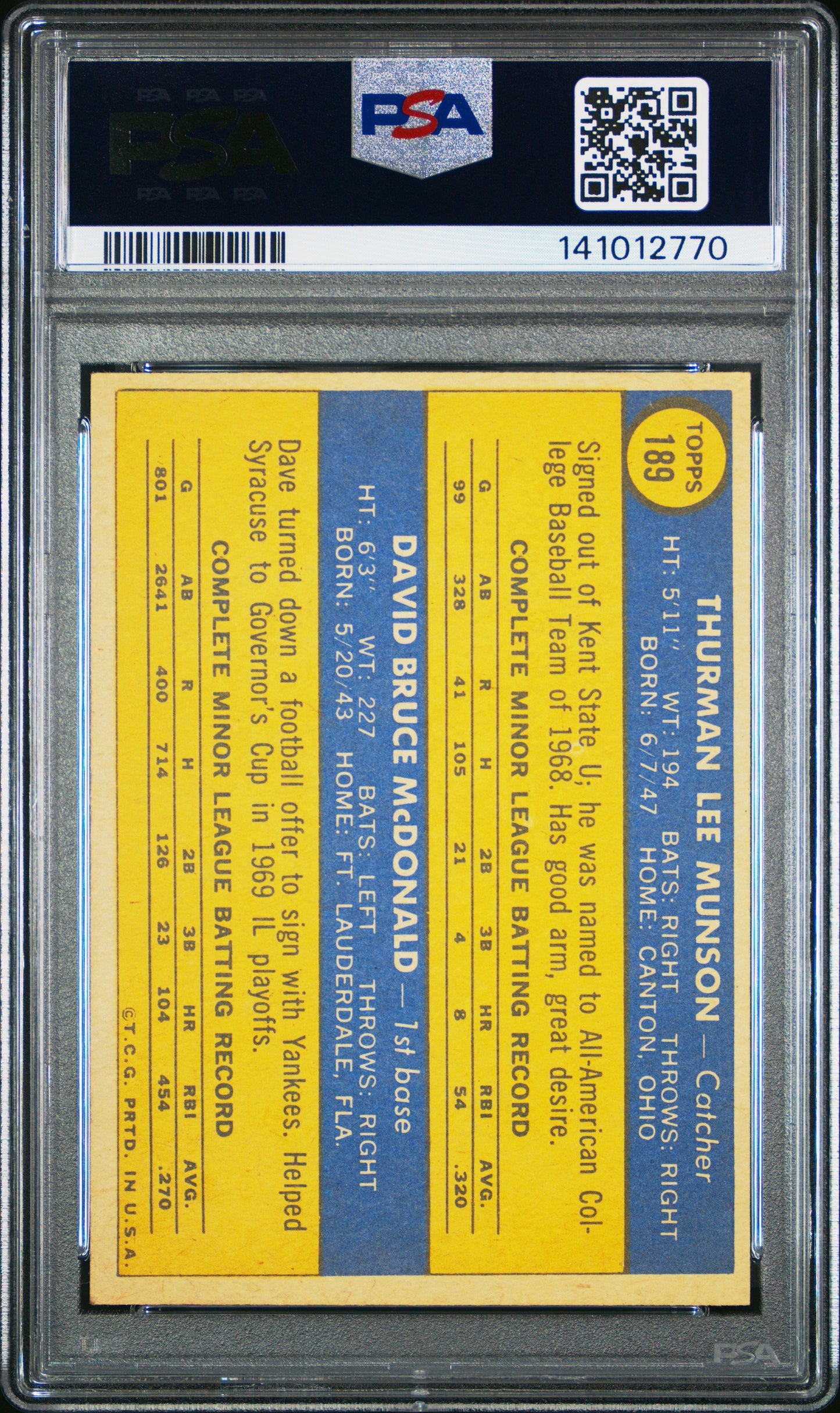 Thurman Munson 1970 Topps Rookie #189 PSA 6 Ex-Mint 2770