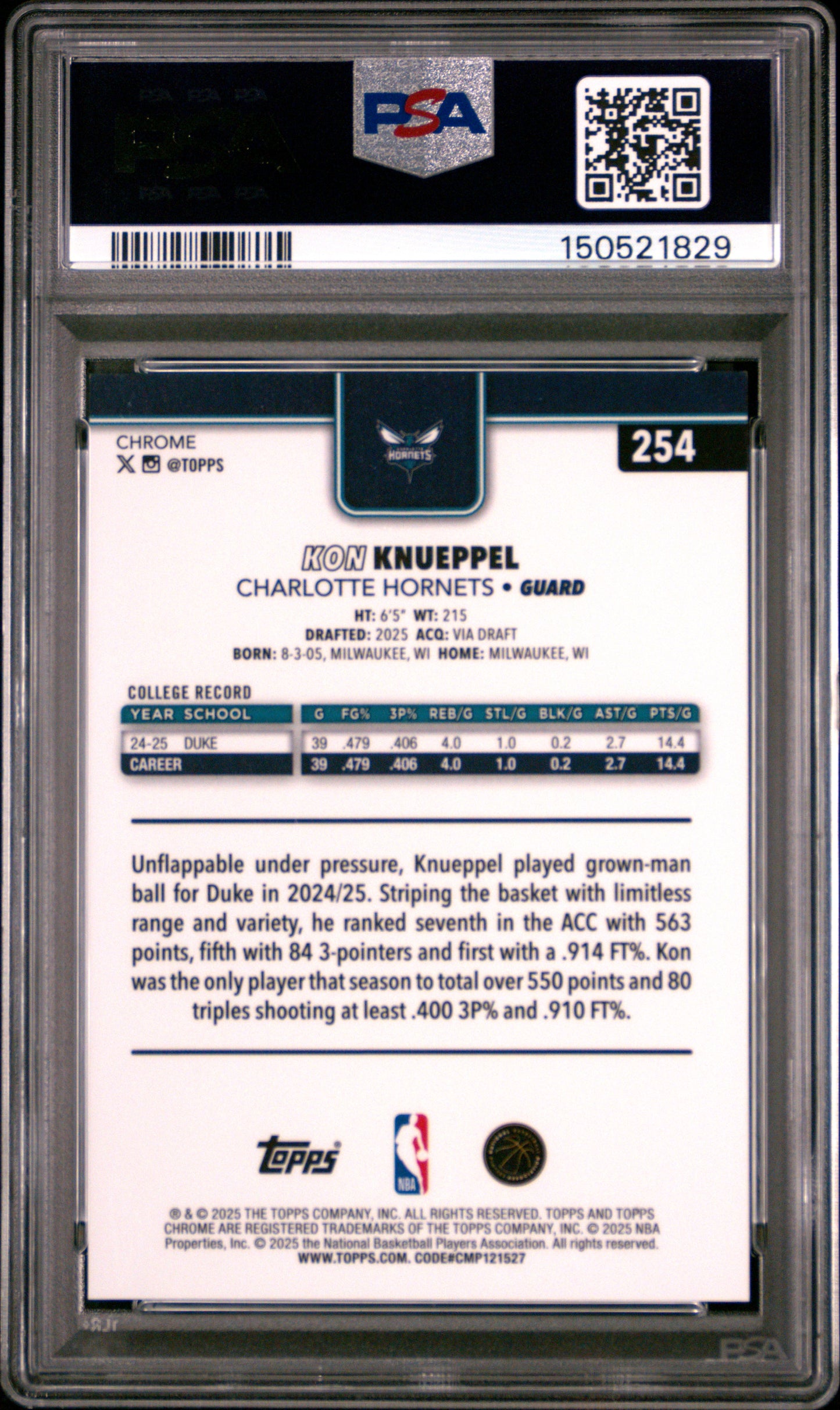 Kon Knueppel 2025 Topps Chrome Orange Raywave #13/25 PSA 9 Mint