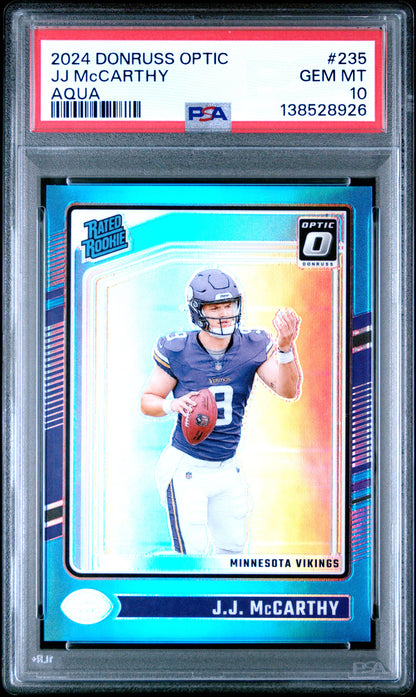 J.J. McCarthy 2024 Donruss Optic Rookie #235 Aqua #262/299 PSA 10 Gem Mint