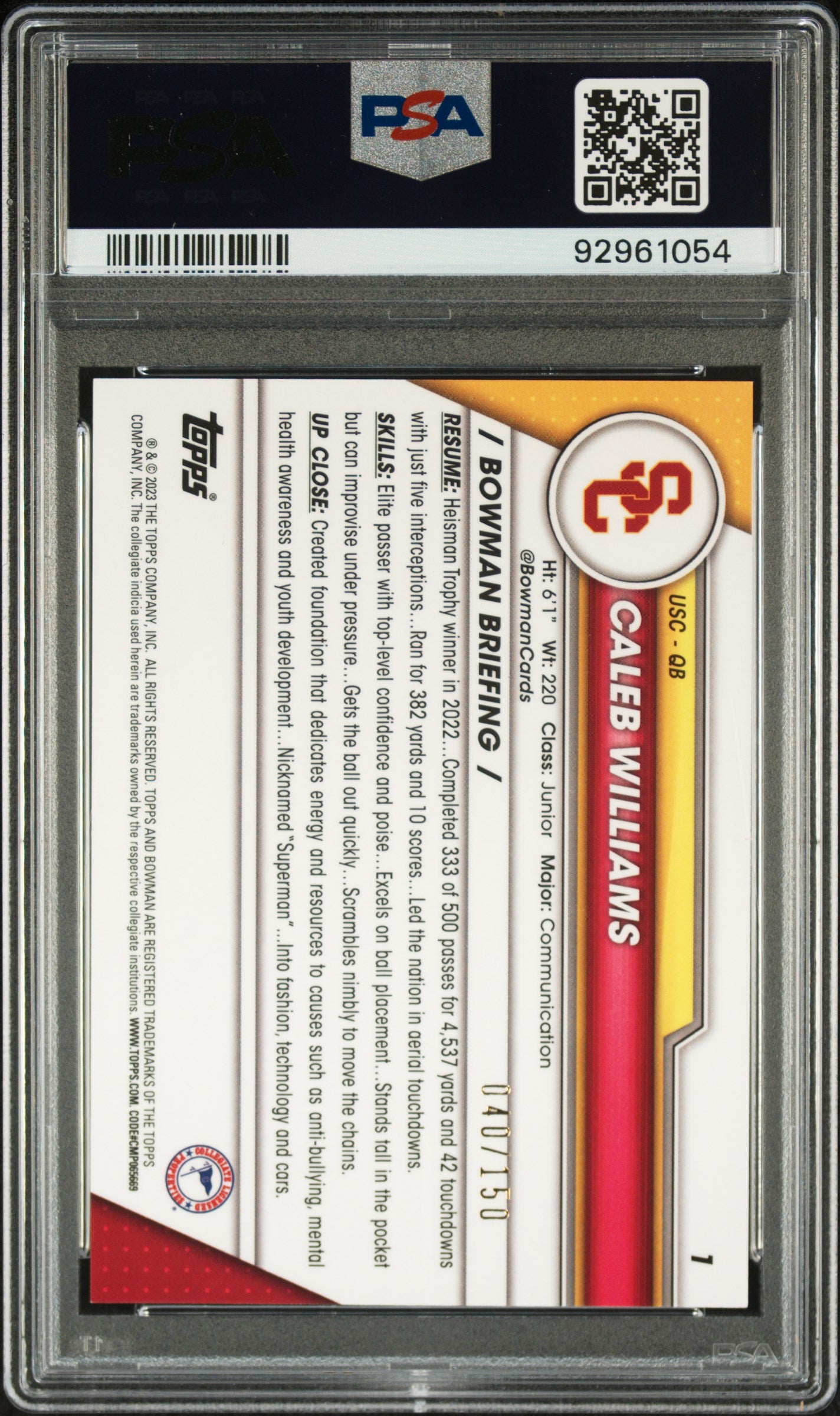 Caleb Williams 2023 Bowman Chrome Fuchsia Mini-Diamond #40/150 PSA 10 Gem Mint