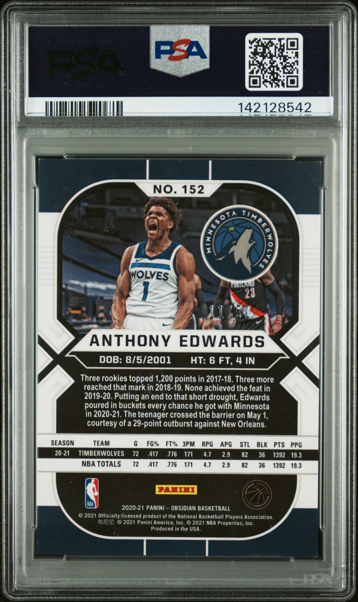 Anthony Edwards 2020 Panini Obsidian Electric Etch Orange #11/50 PSA 7 Near Mint