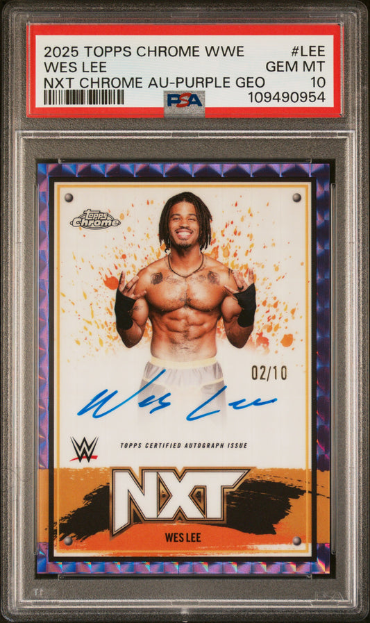 Wes Lee 2025 Topps Chrome WWE Purple Geometric Auto #2/10 PSA 10 Gem Mint