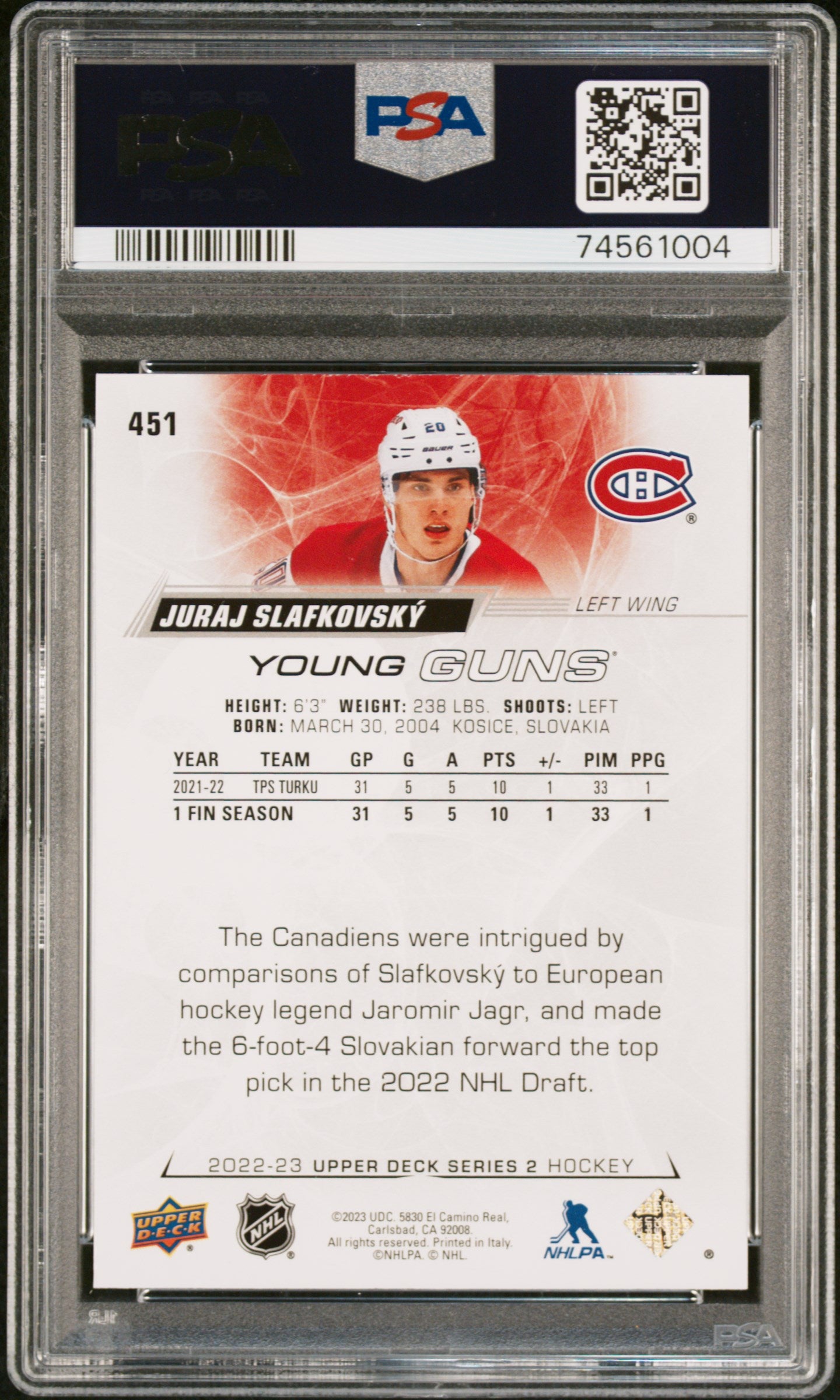 Juraj Slafkovsky 2022 Upper Deck Rookie #451 PSA 9 Mint 1004