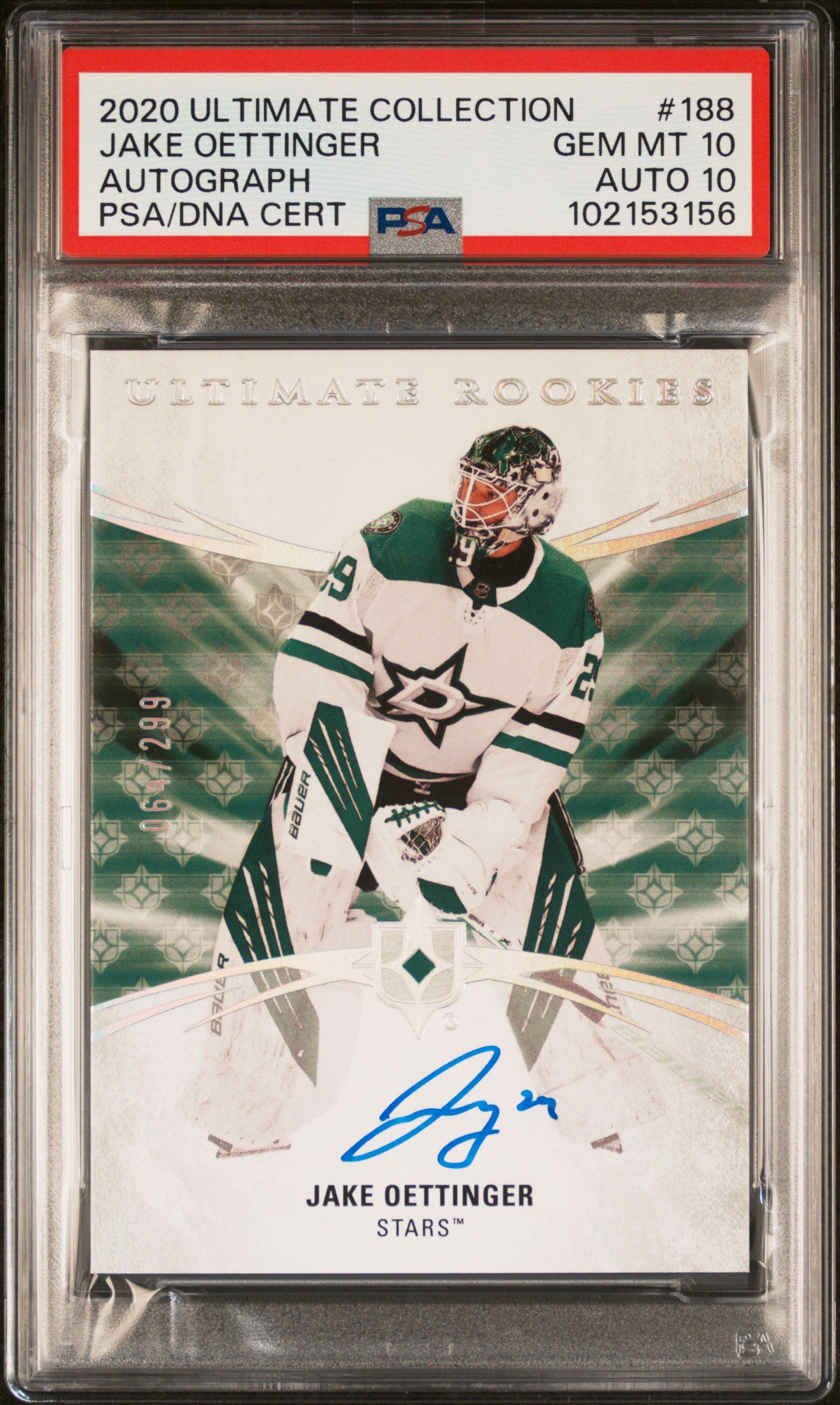 Jake Oettinger 2020 Upper Deck Ultimate Rookie Auto #64/299 PSA 10 Auto 10