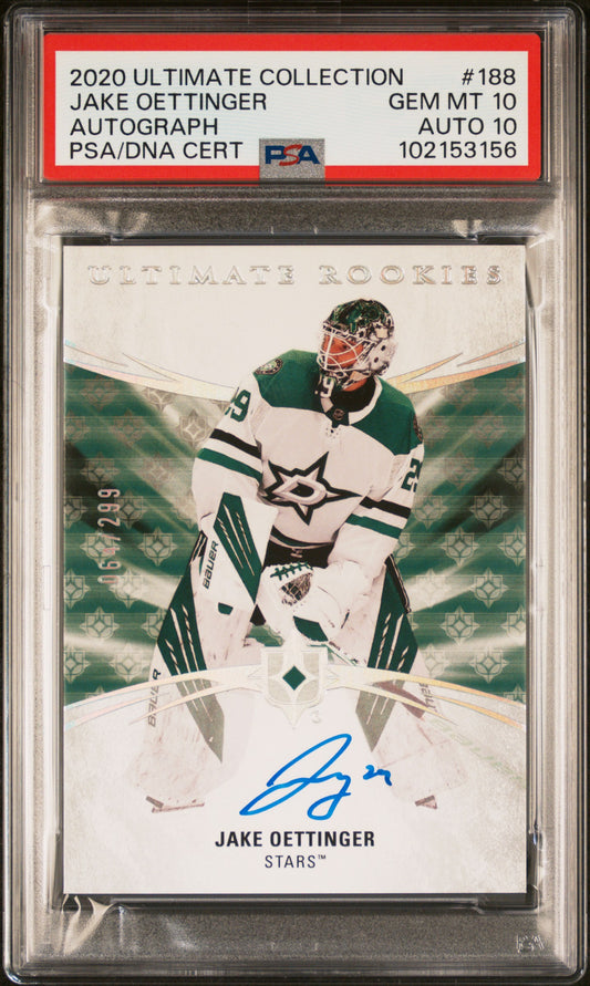 Jake Oettinger 2020 Upper Deck Ultimate Rookie Auto #64/299 PSA 10 Auto 10