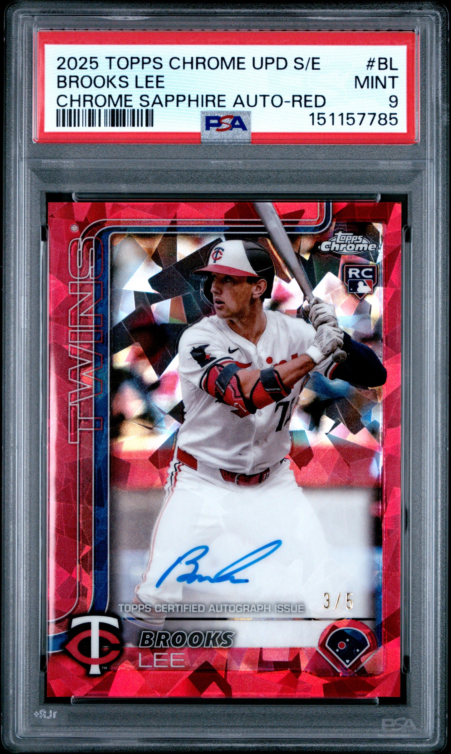 Brooks Lee 2025 Topps Chrome Update Sapphire Red Auto #3/5 PSA 9 Mint