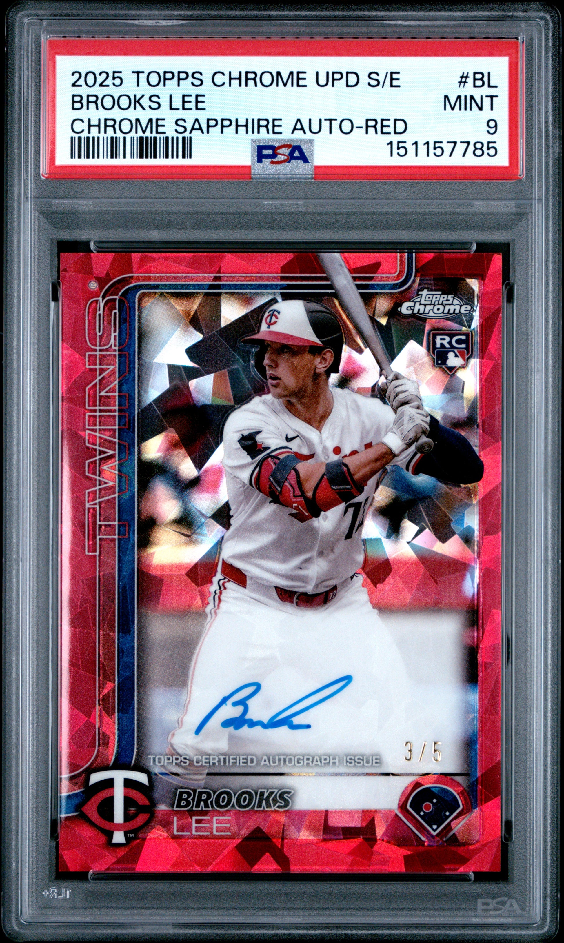 Brooks Lee 2025 Topps Chrome Update Sapphire Red Auto #3/5 PSA 9 Mint