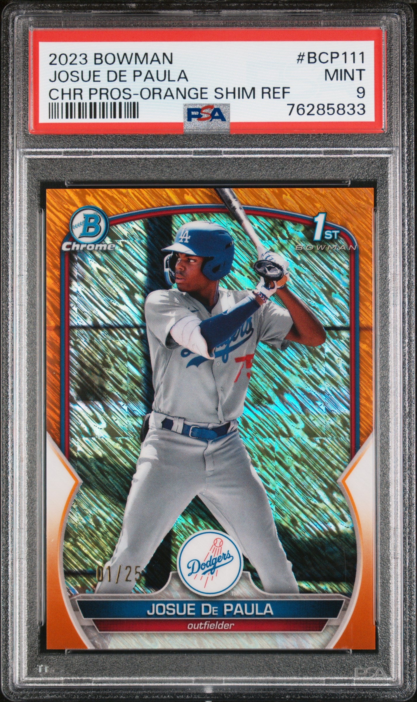 Josue de Paula 2023 Bowman Chrome Orange Shimmer #1/25 PSA 9 Mint