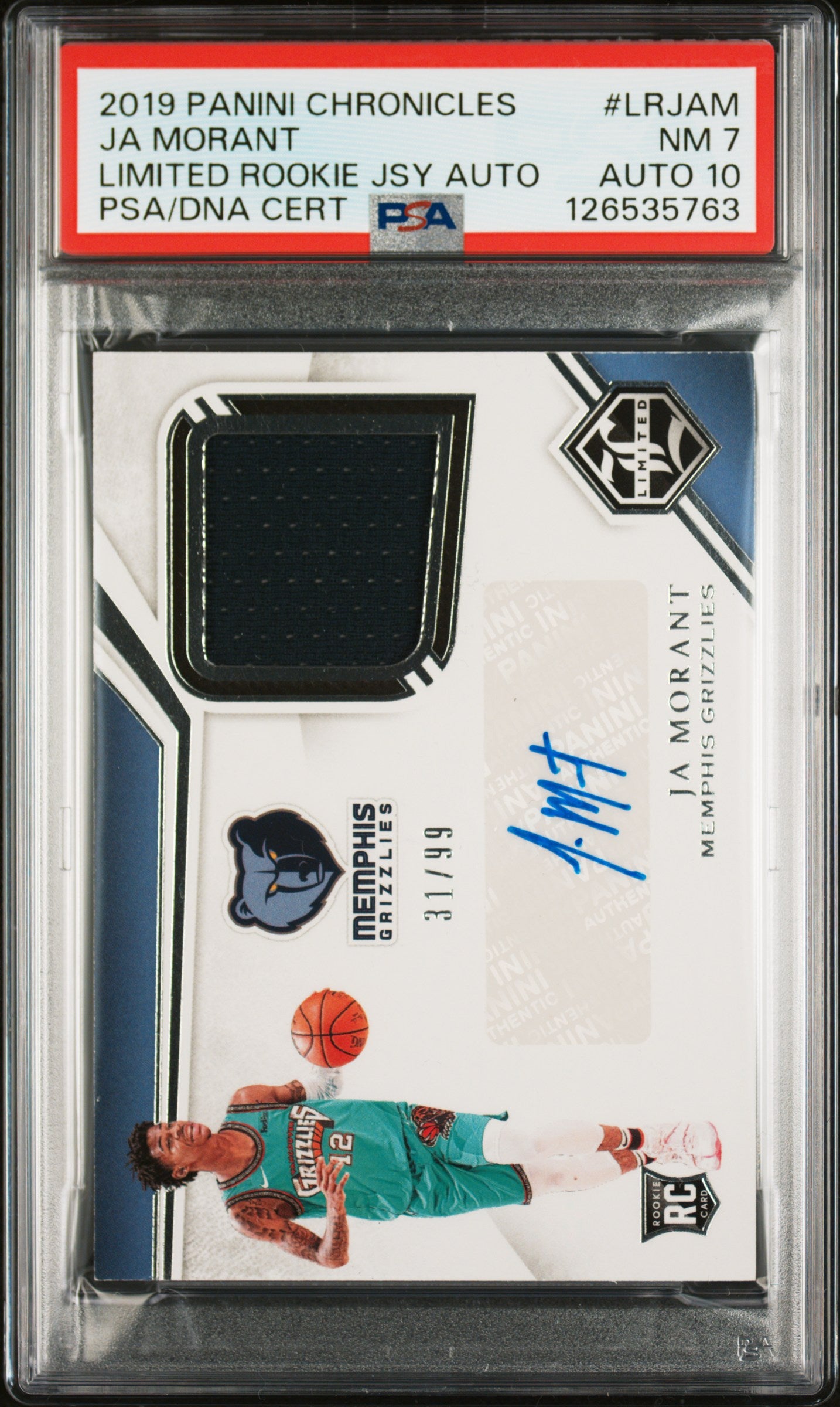 Ja Morant 2019 Panini Chronicles Limited Rookie Jersey Auto #31/99 PSA 7 Auto 10