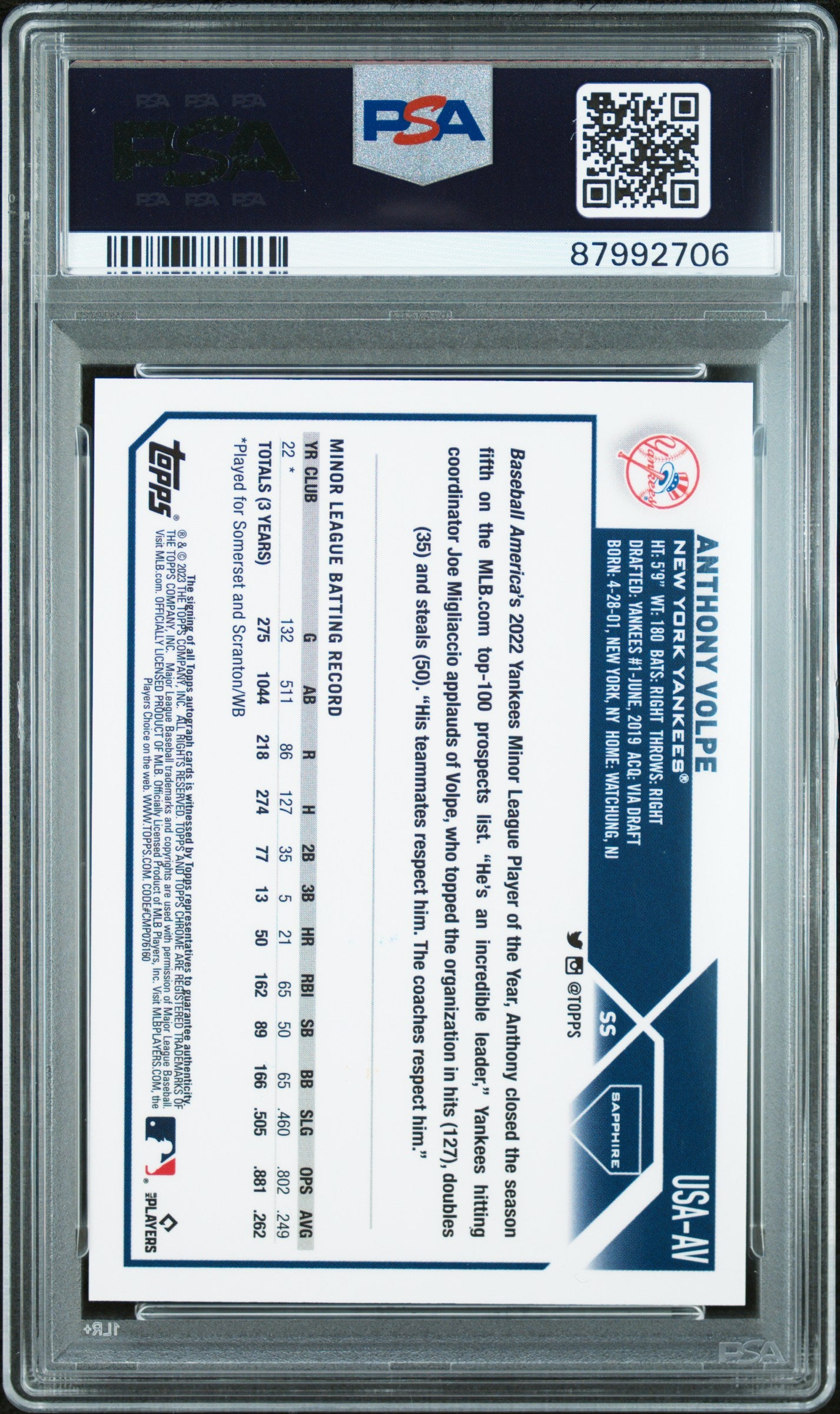 Anthony Volpe 2023 Topps Chrome Update Sapphire Gold Autograph #10/50 PSA 10 Gem Mint