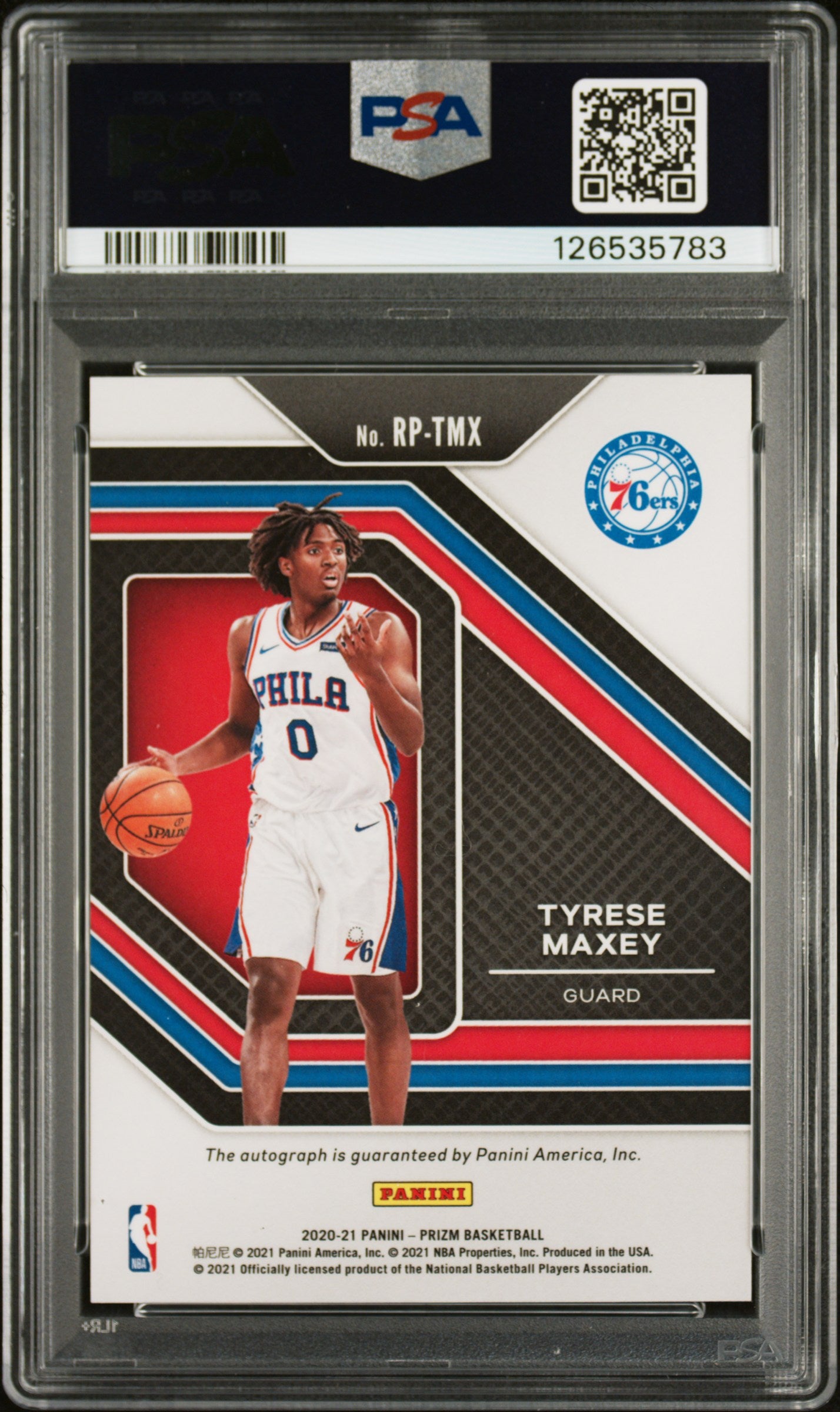 Tyrese Maxey 2020 Panini Prizm Rookie Penmanship Auto PSA 8 Auto 10