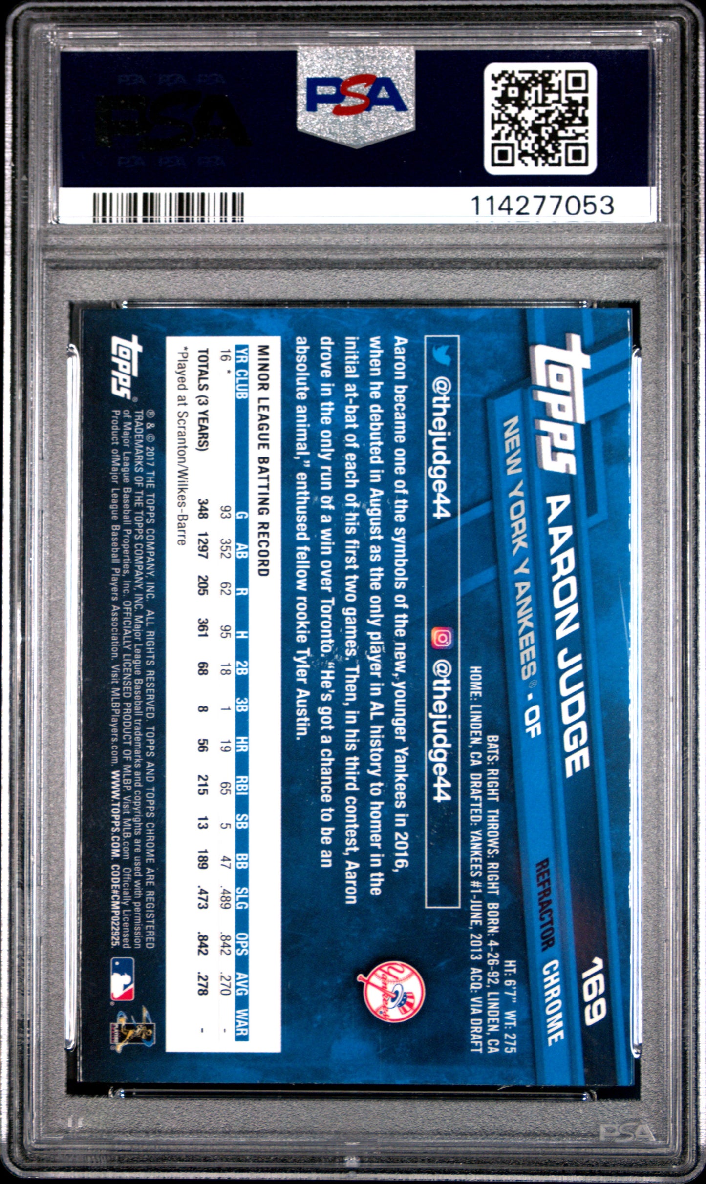 Aaron Judge 2017 Topps Chrome Rookie #169 Refractor PSA 10 Gem Mint