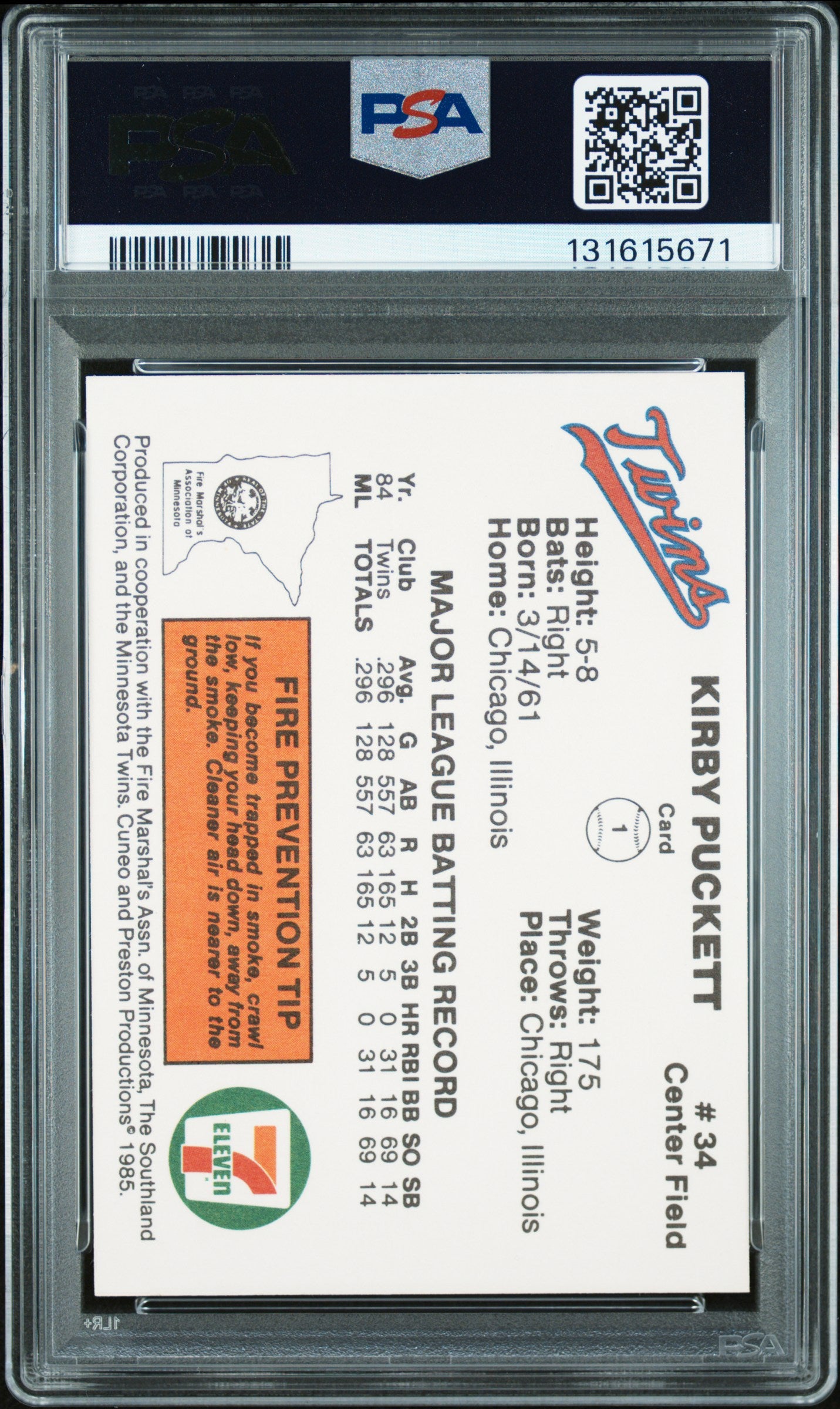 Kirby Puckett 1985 7-11 Twins Rookie #1 PSA 8 Nm-Mint