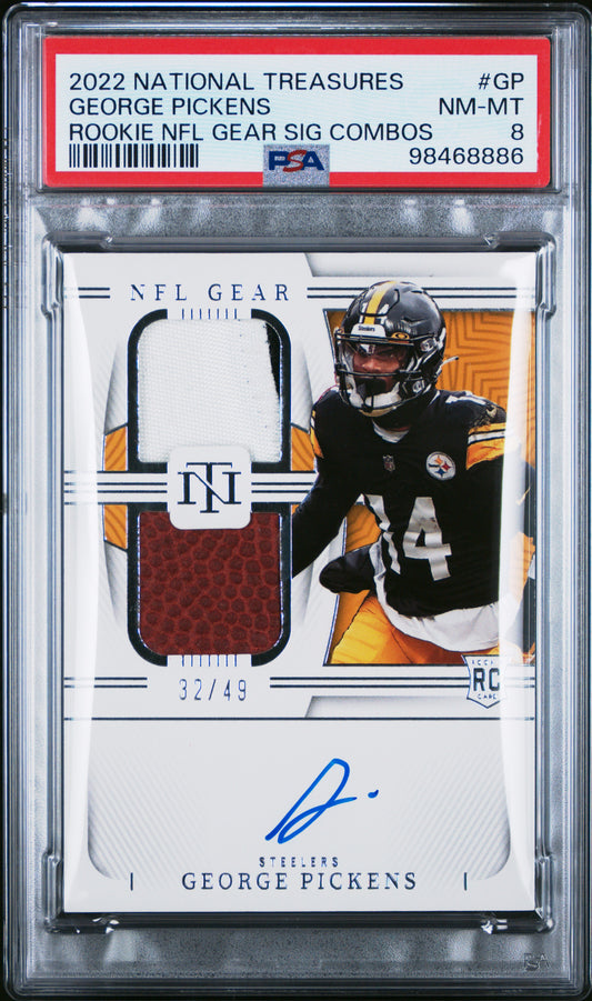 George Pickens 2022 Panini National Treasures NFL Gear Auto #32/49 PSA 8 Nm-Mint