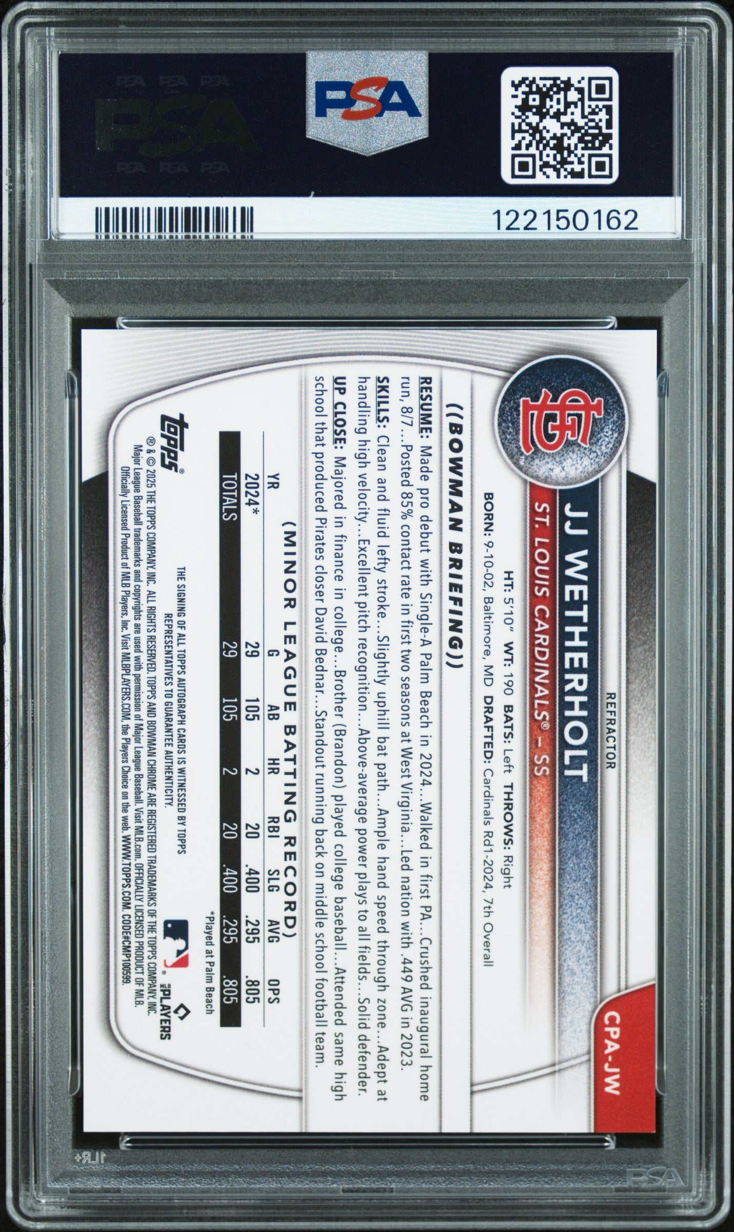 JJ Wetherholt 2025 Bowman Chrome Refractor Auto #354/499 PSA 9 Mint