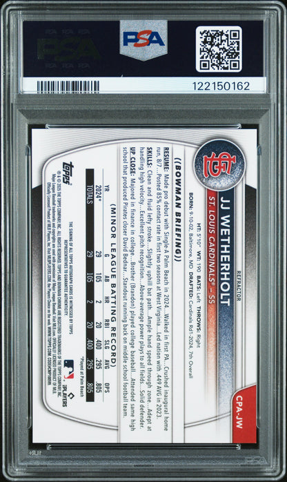 JJ Wetherholt 2025 Bowman Chrome Refractor Auto #354/499 PSA 9 Mint