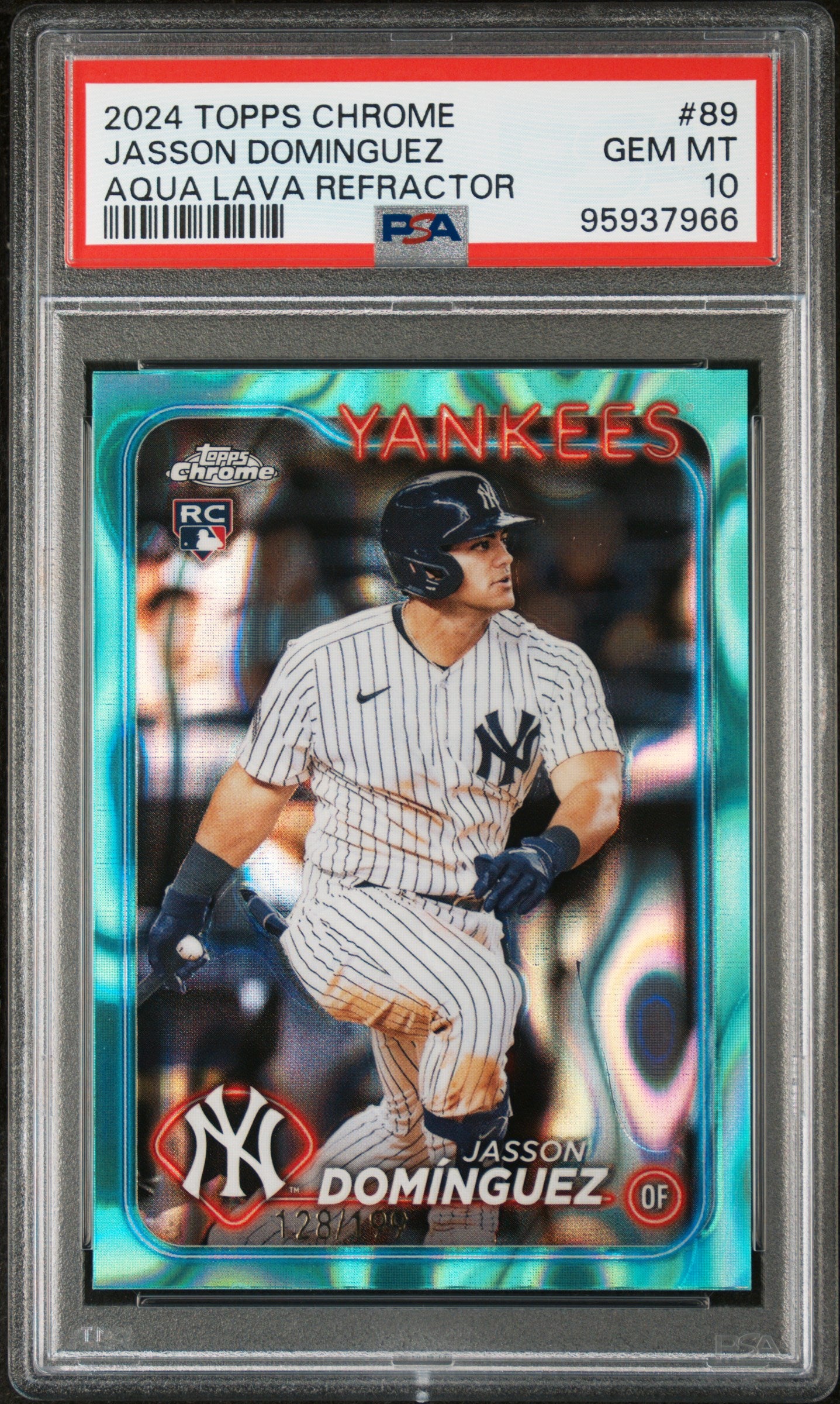 Jasson Dominguez 2024 Topps Chrome RC #89 Aqua Lava Refractor #128/199 PSA 10 Gem Mint