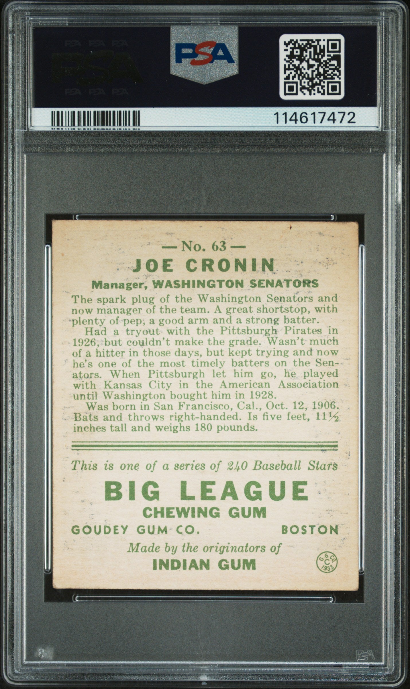 Joe Cronin 1933 Goudey #63 PSA 2 Good