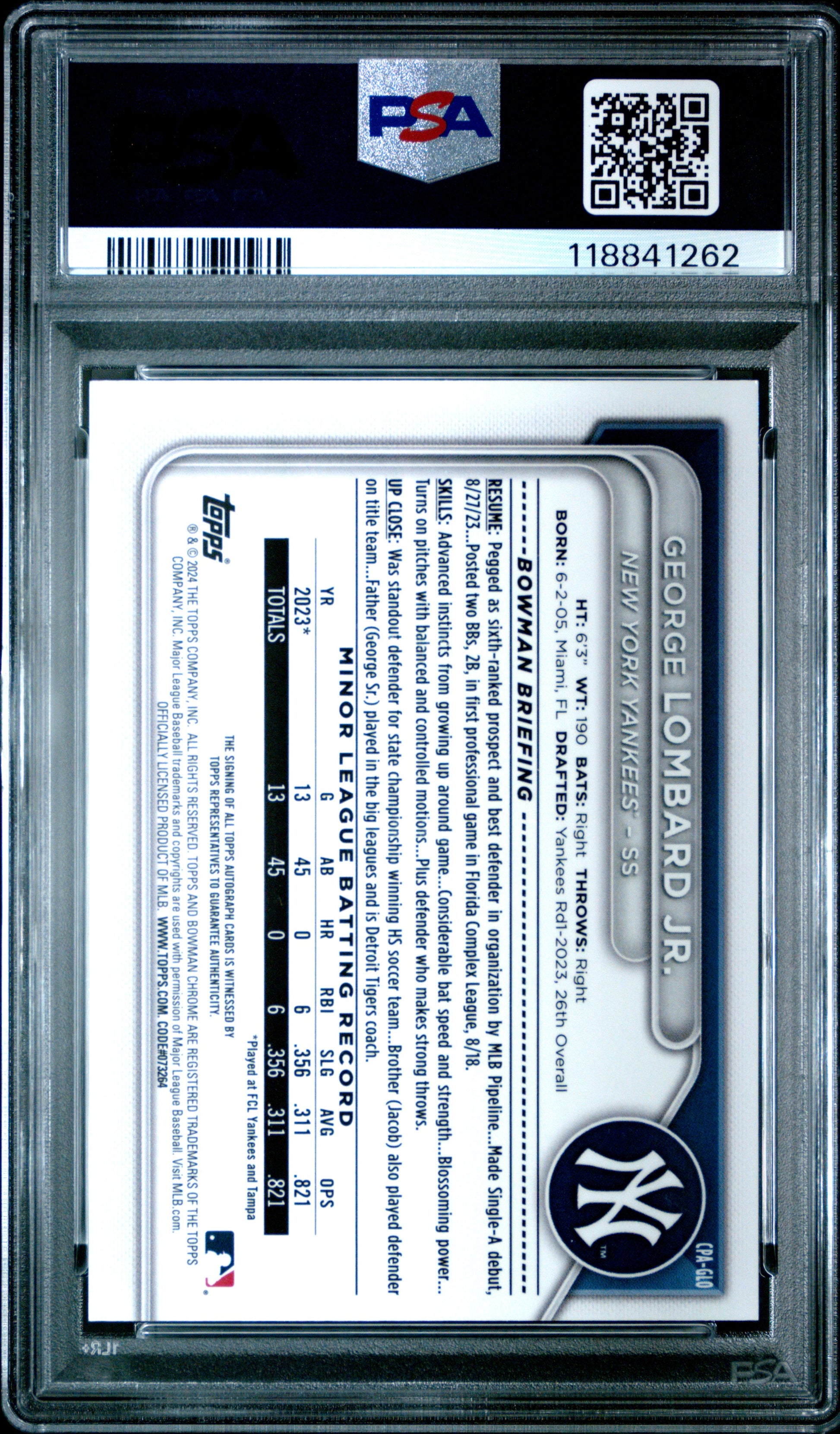 George Lombard Jr. 2024 Bowman Chrome Green Lava Auto #59/99 PSA 10 Gem Mint