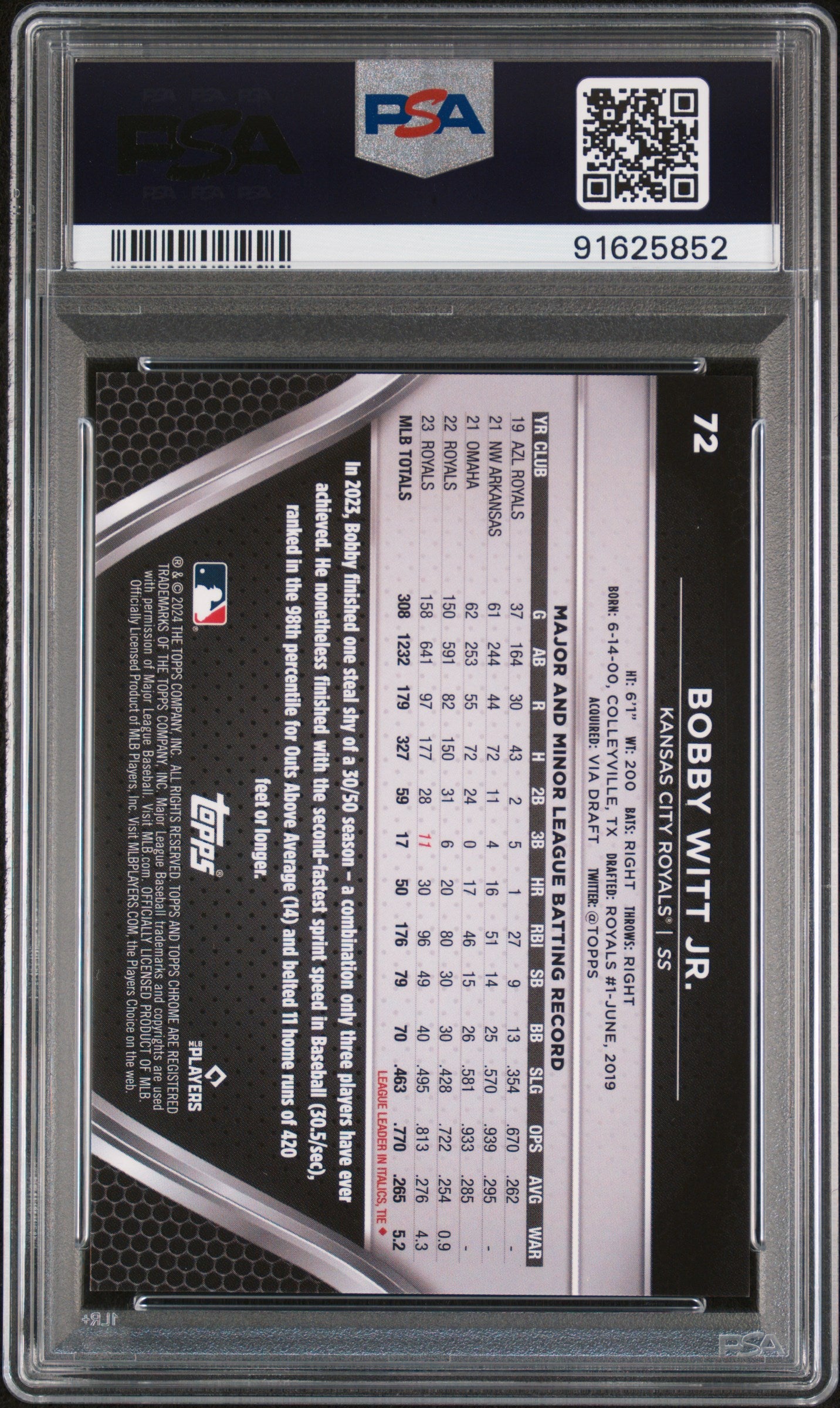 Bobby Witt Jr. 2024 Topps Chrome Black #72 Green Wave #51/99 PSA 10 Gem Mint